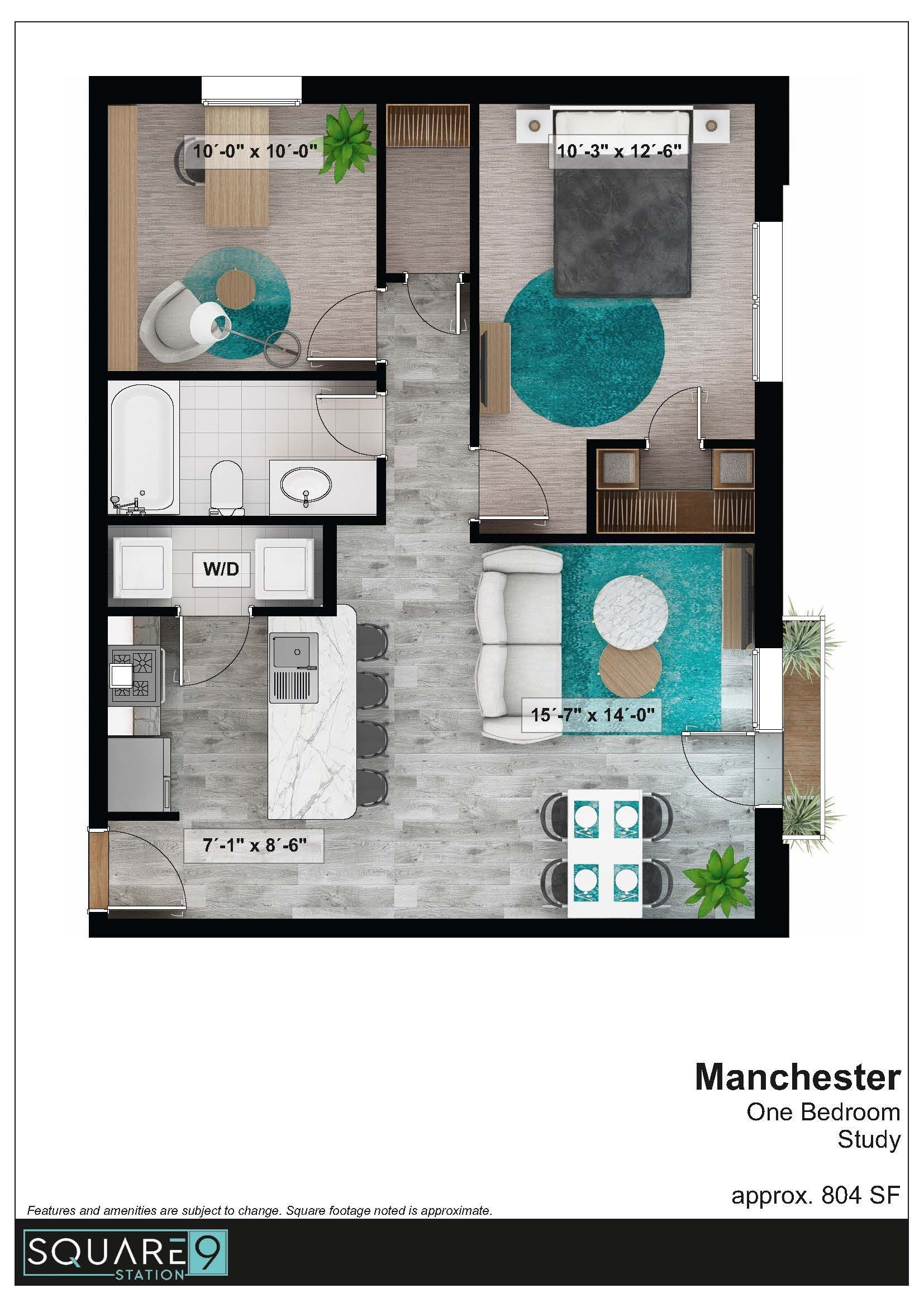 Floor plan for a Manchester unit, featuring open kitchen, living, bedroom, and balcony.
