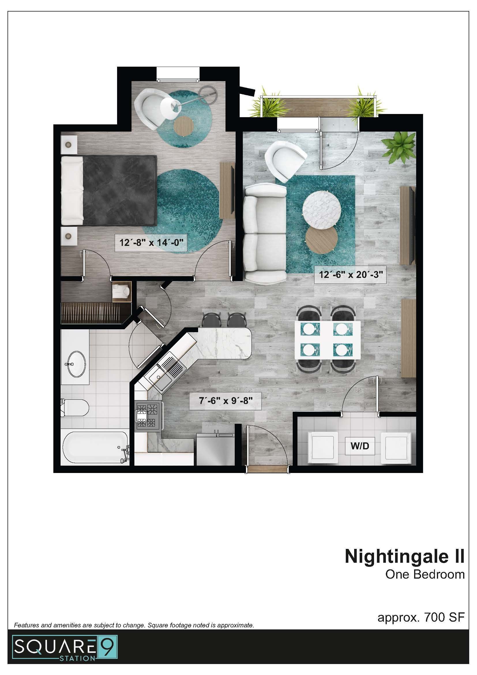 Floor plan of a one-bedroom apartment, the