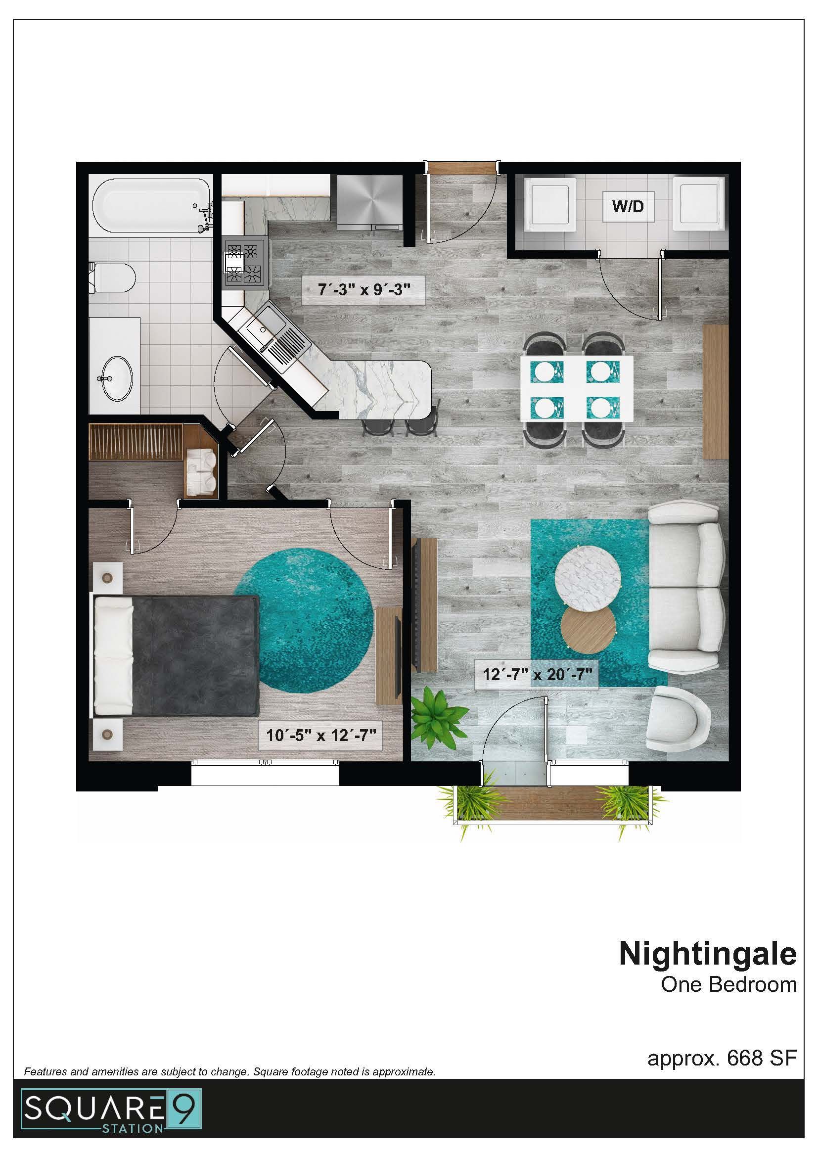 Floor plan of a studio apartment, labeled