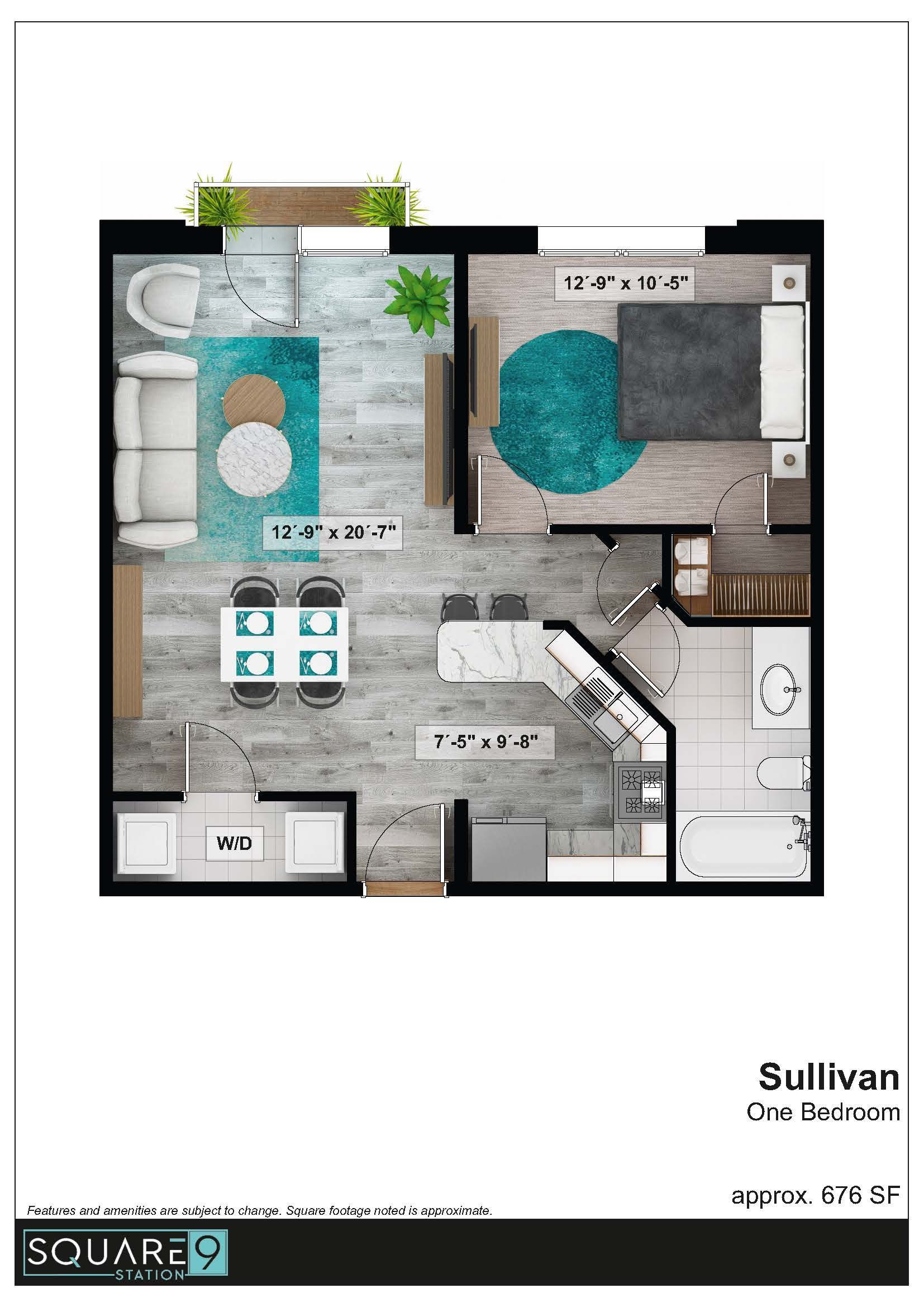 Floor plan of a studio apartment, featuring a living room, kitchen, bedroom, and bathroom.
