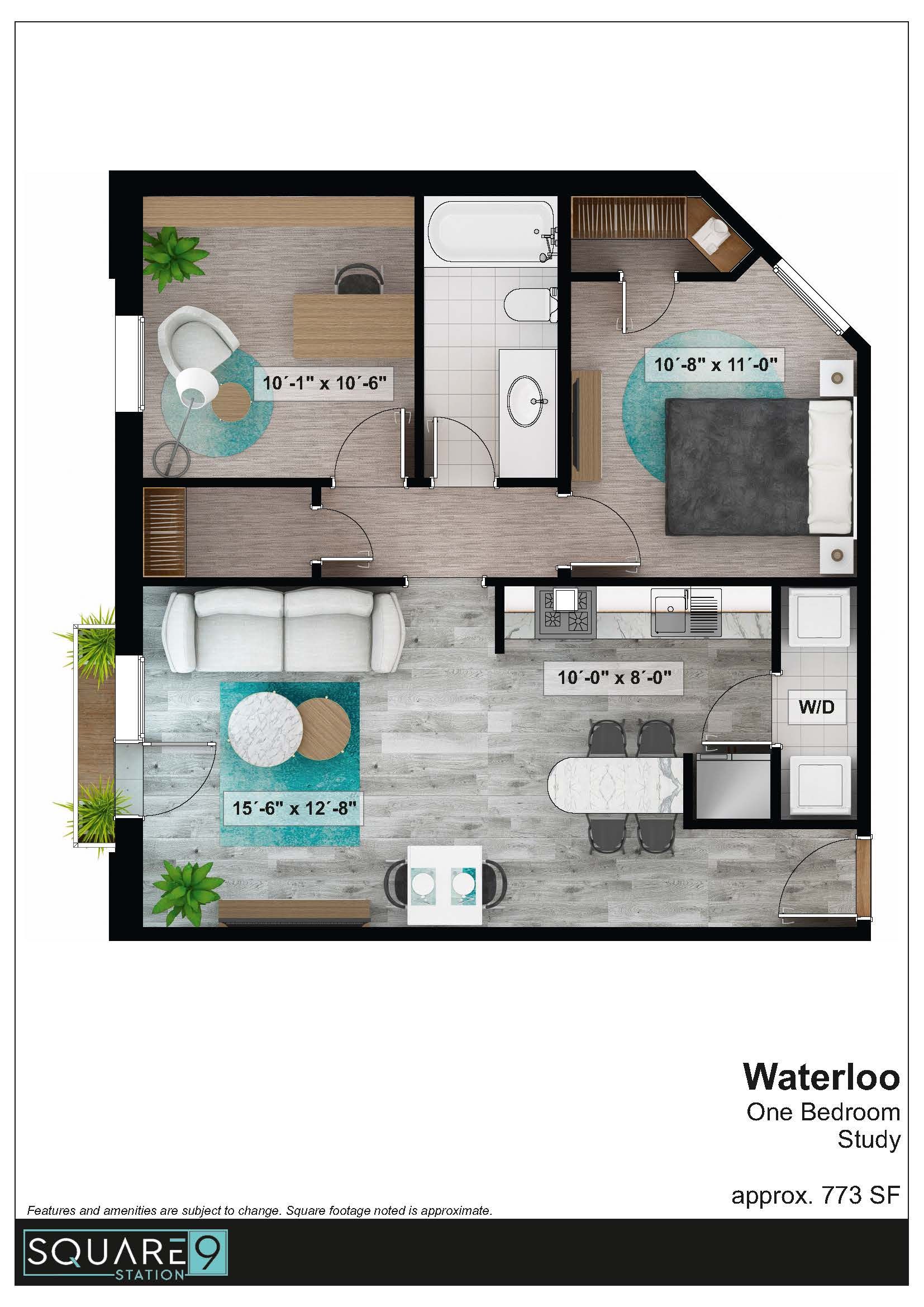 Floor plan of a Waterloo apartment, featuring a bedroom, bathroom, kitchen, and living area.