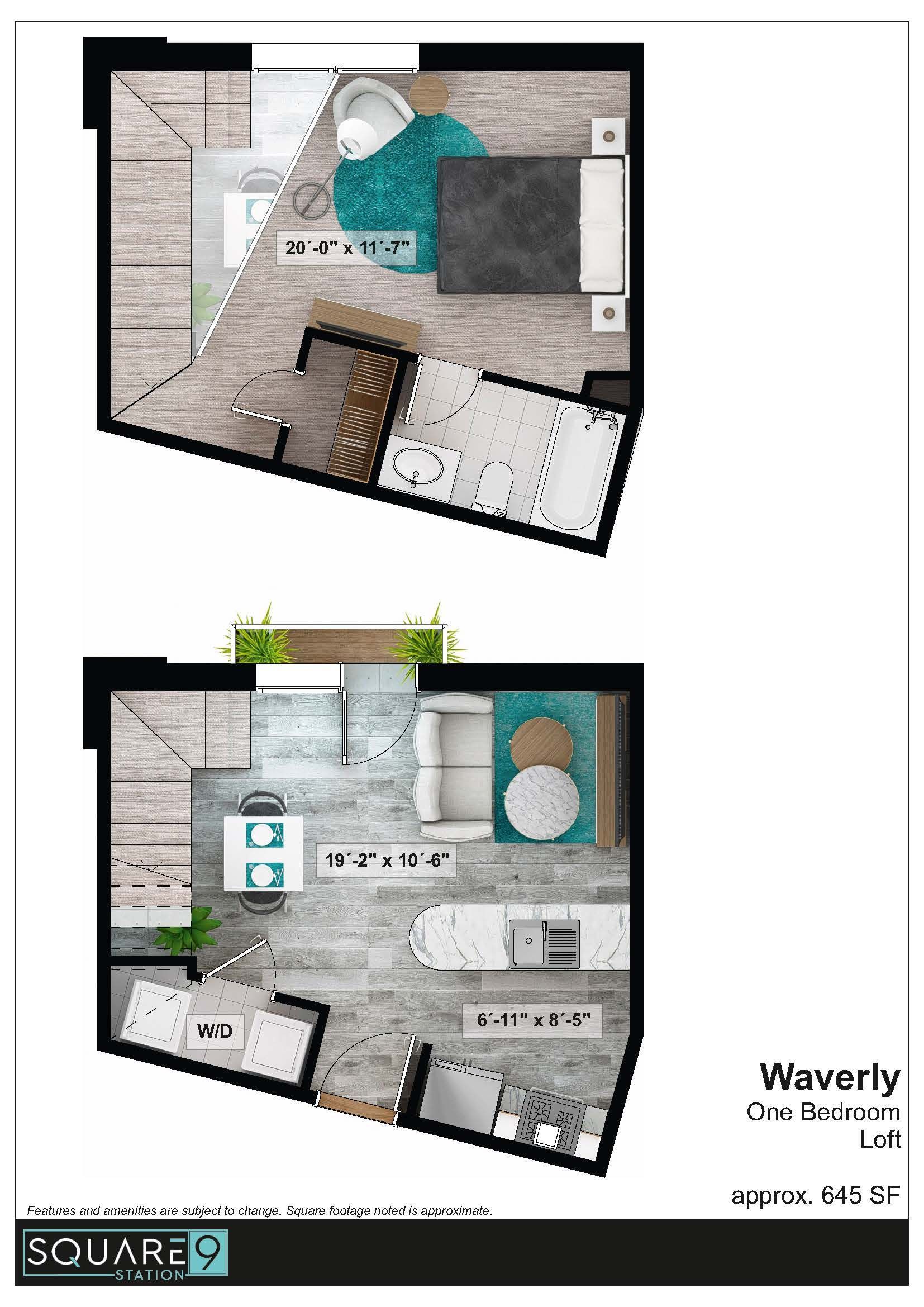 Floor plan of a studio apartment, showing kitchen, living, and bedroom areas. Blue, grey, and brown color scheme.