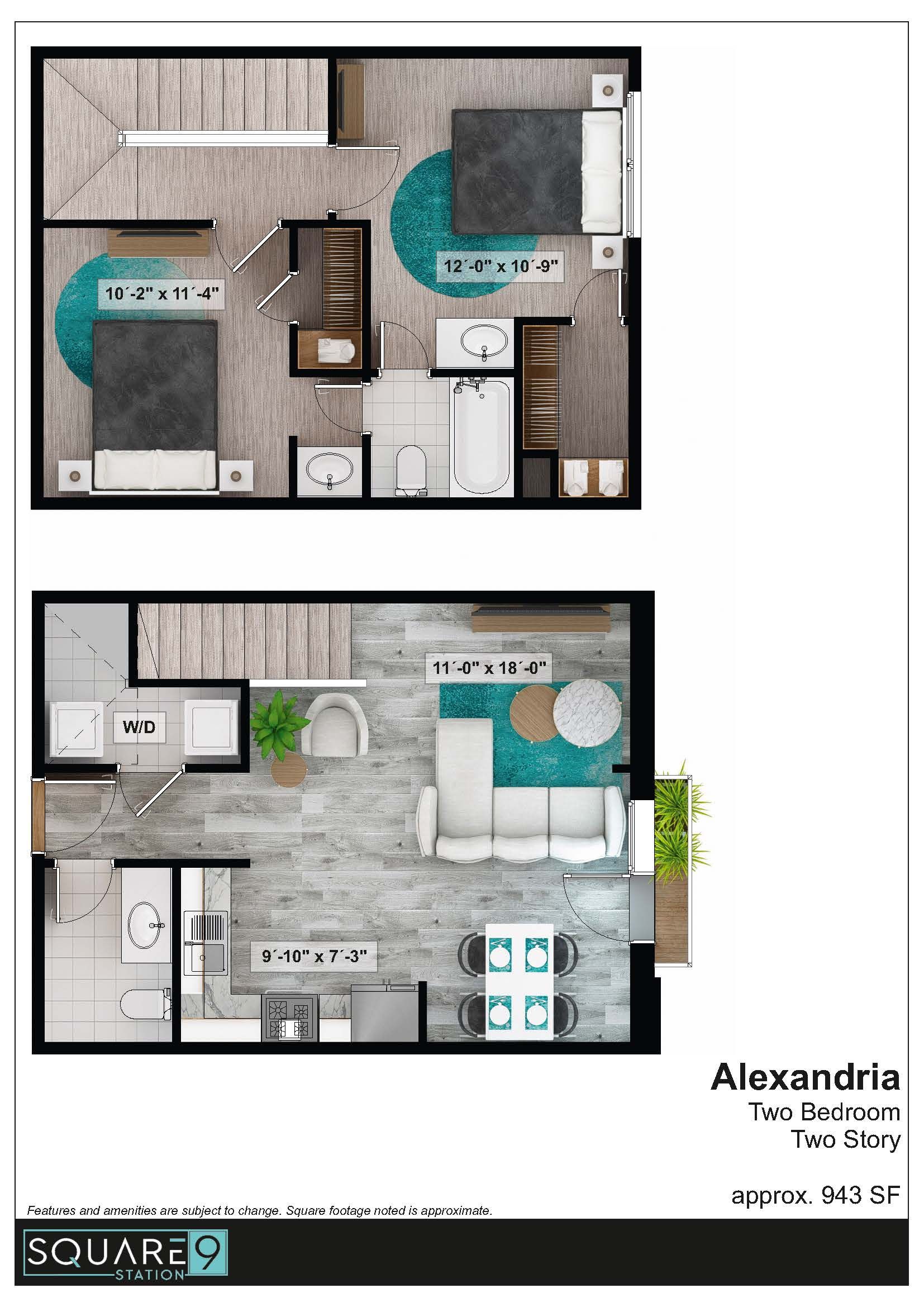 Floorplan of a two-story apartment, labeled