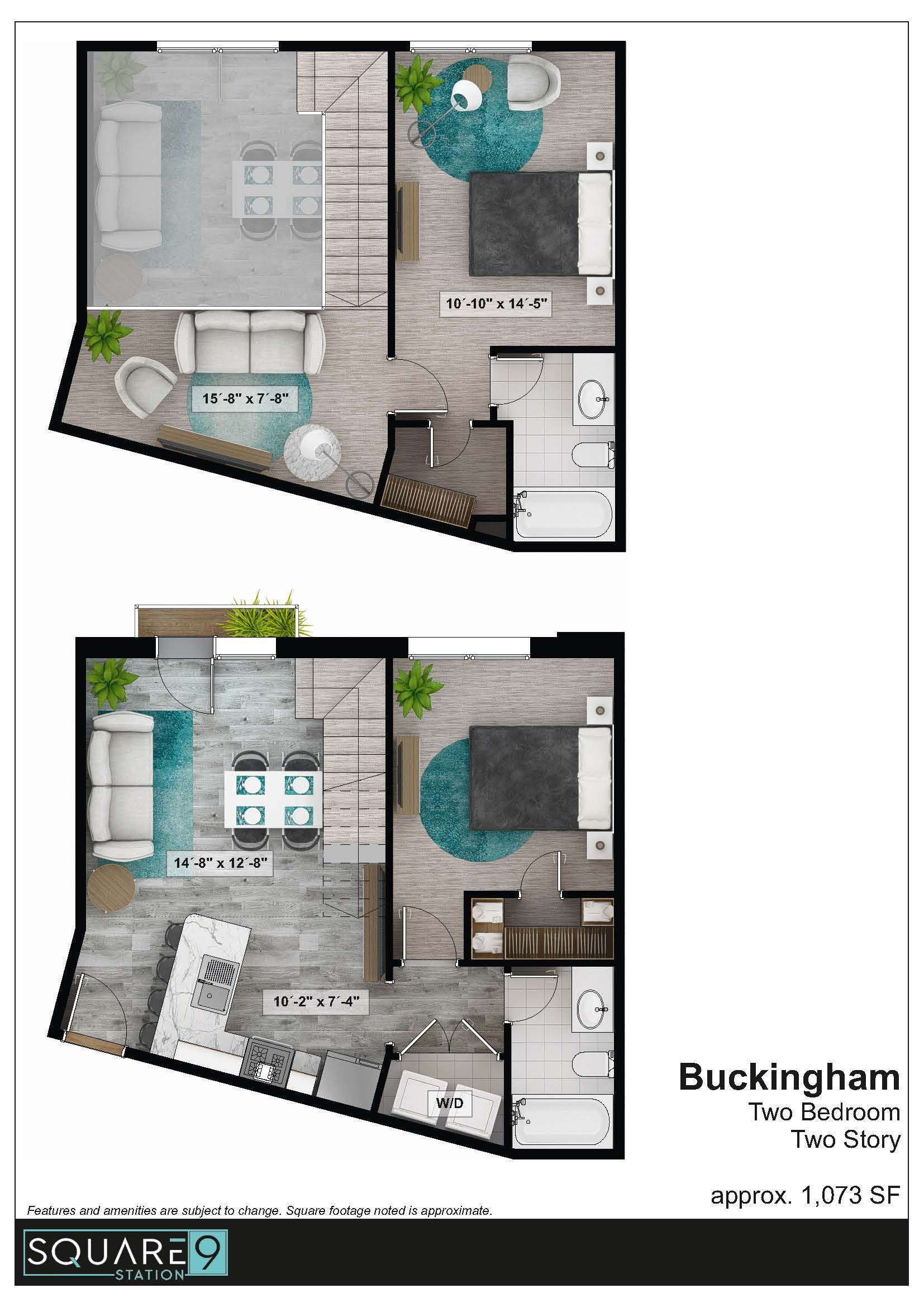 Floor plan of a two-story apartment, featuring living spaces, bedrooms, kitchen, and bathroom.