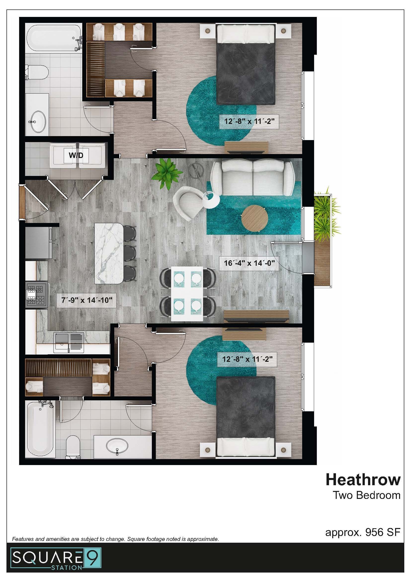 Floor plan of two apartments with bedrooms, bathrooms, living rooms, and kitchens.