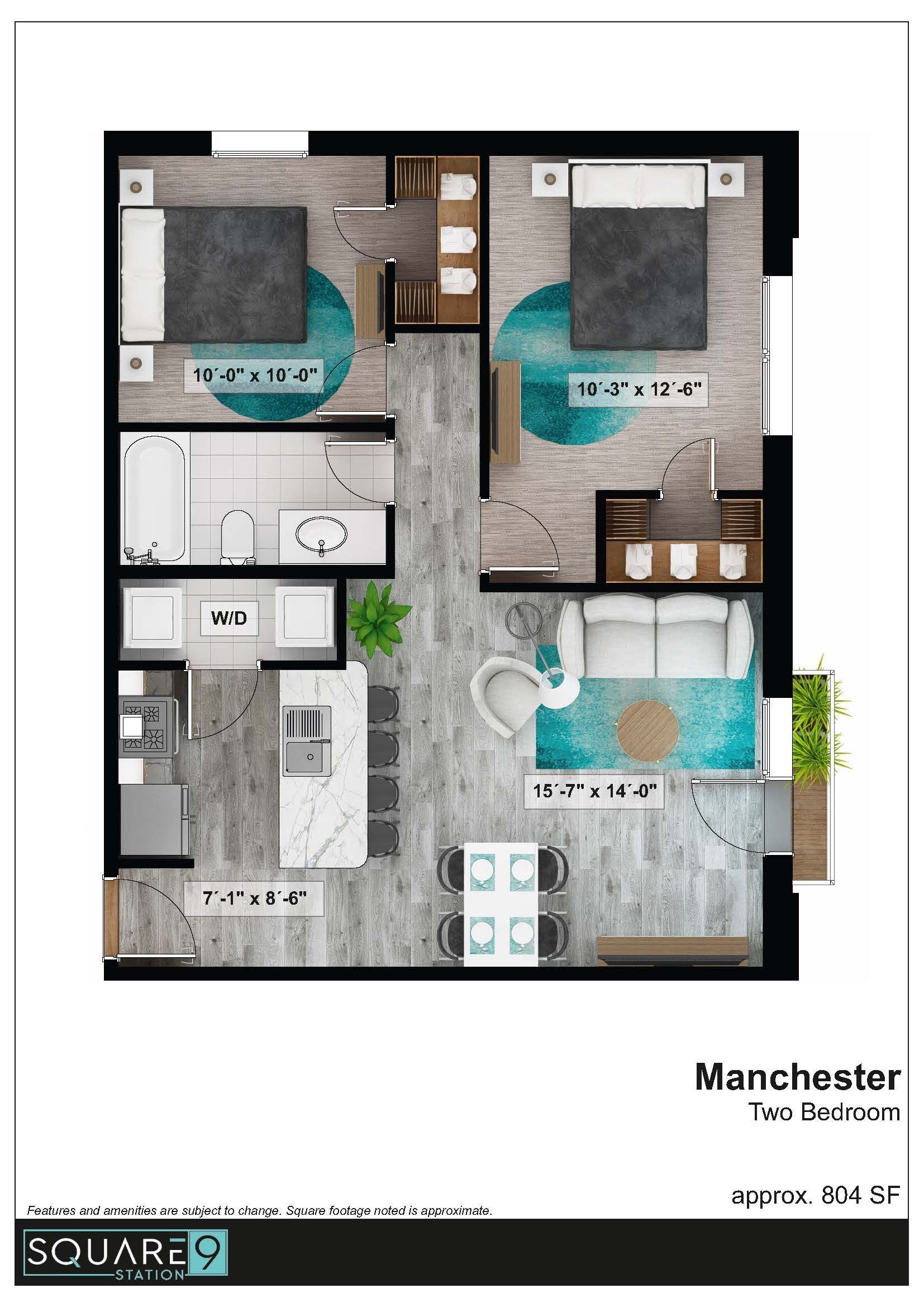 Floor plan: two-bedroom apartment with kitchen, dining area, living room, and bathrooms; neutral colors, modern design.