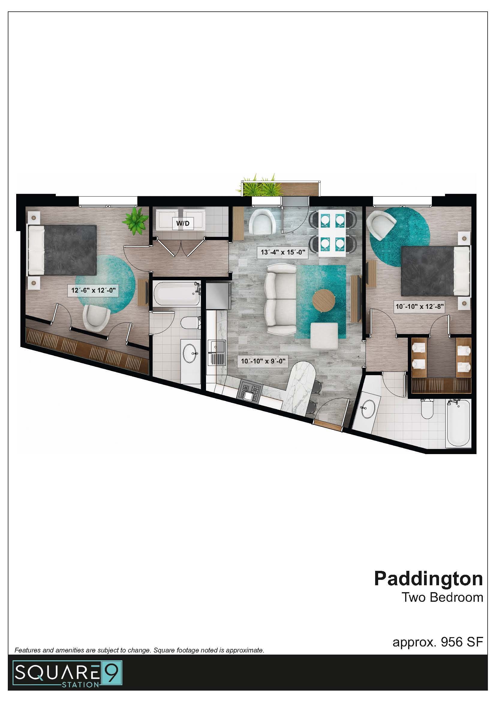Floor plan of a Paddington apartment showing bedrooms, bathrooms, living area, and kitchen.