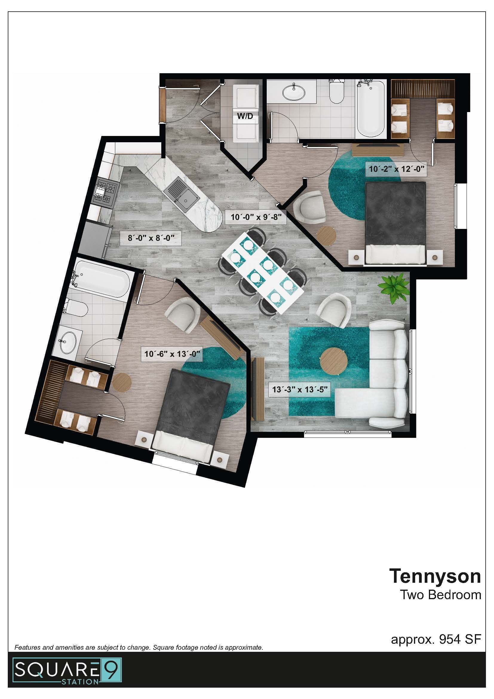 Floor plan of an apartment with kitchen, dining area, living room, and two bedrooms; teal accent rugs.