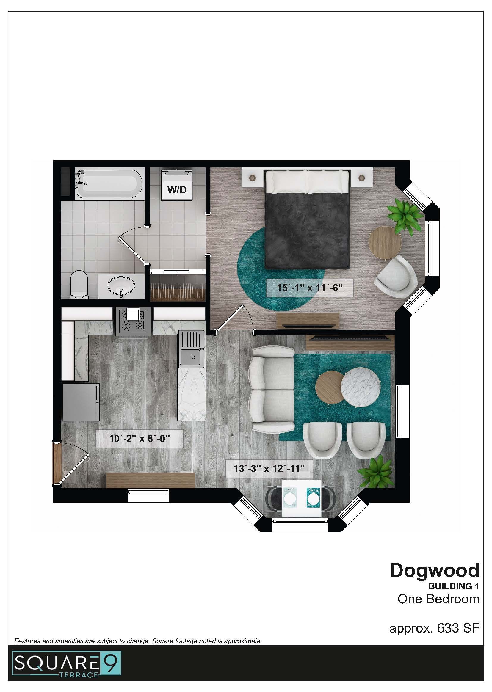 Floor plan of a studio apartment, featuring a bedroom, bathroom, kitchen, and living area; furniture shown in the design.
