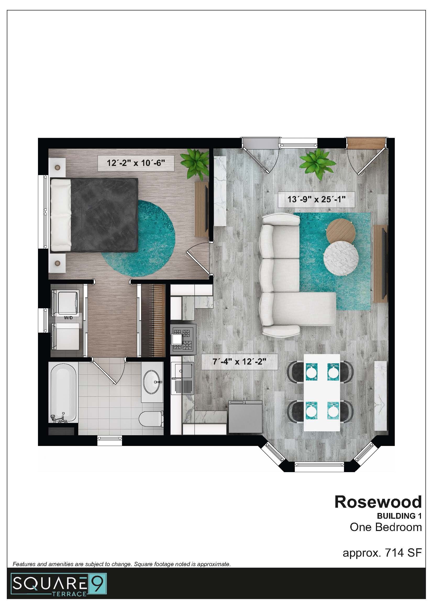 Floor plan of an apartment with a bedroom, living area, and dining space.