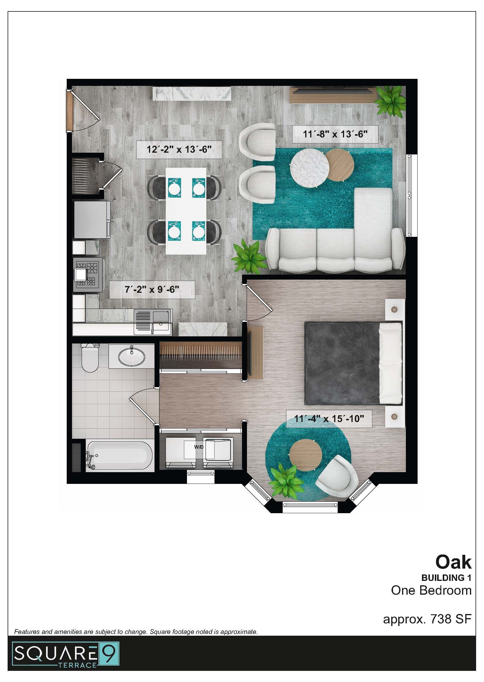Floor plan of an apartment with a kitchen, dining area, living room, and bedroom; modern furniture and teal accents.