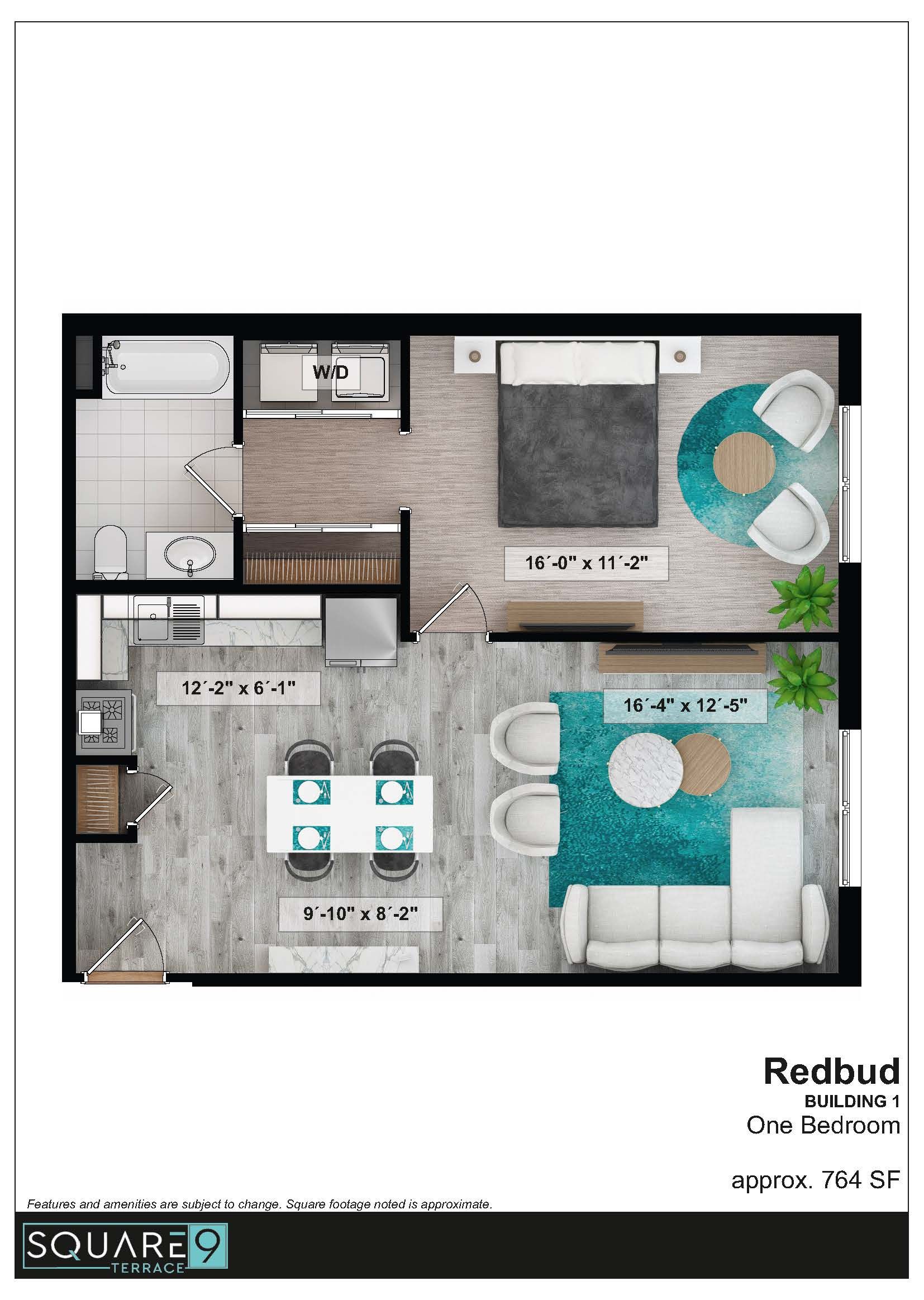 Floor plan of a studio apartment, featuring a bedroom, kitchen, living area, and bathroom.