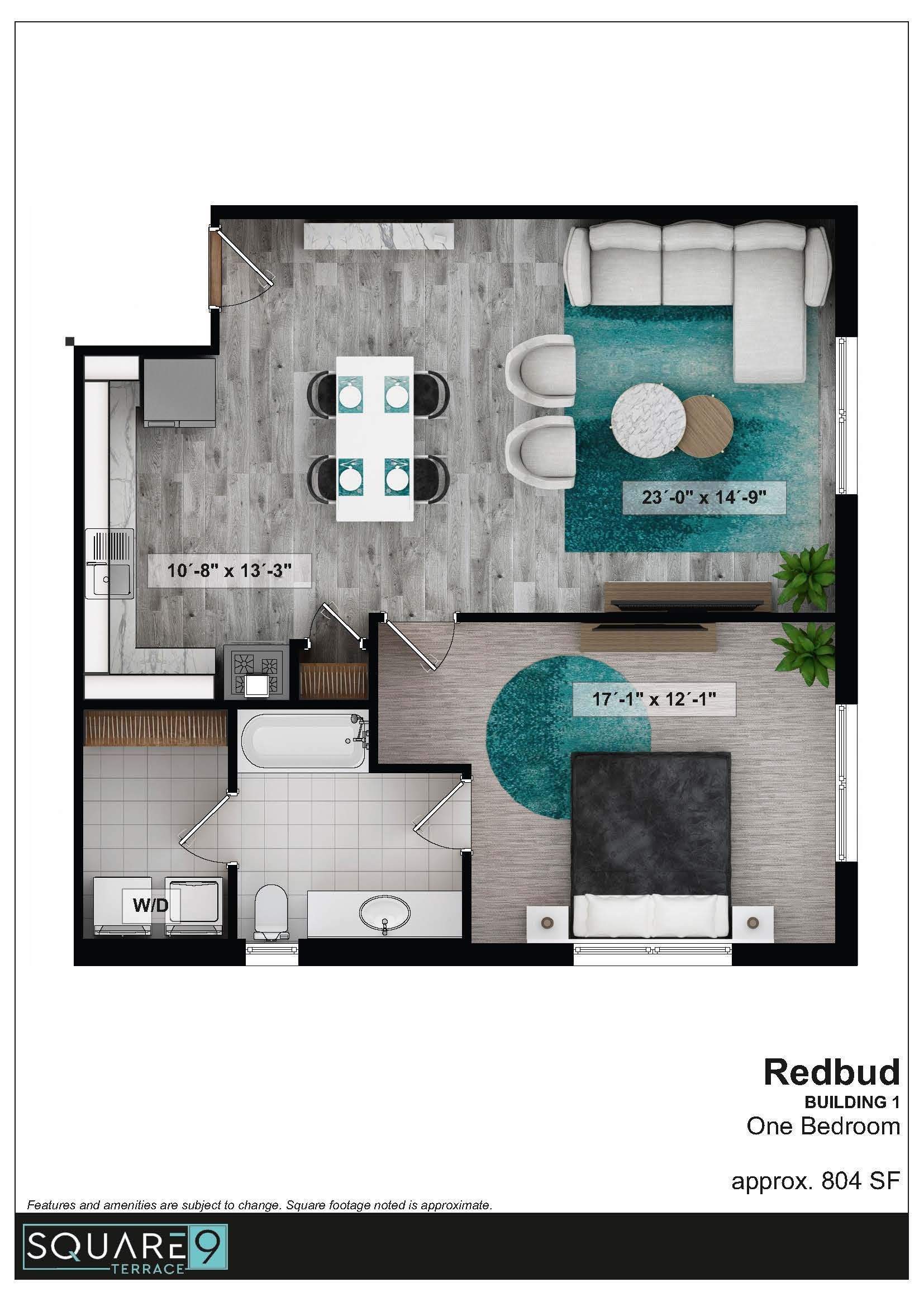 Floor plan of a studio apartment with living, dining, and bedroom areas. Furnished with a couch, table, and bed.