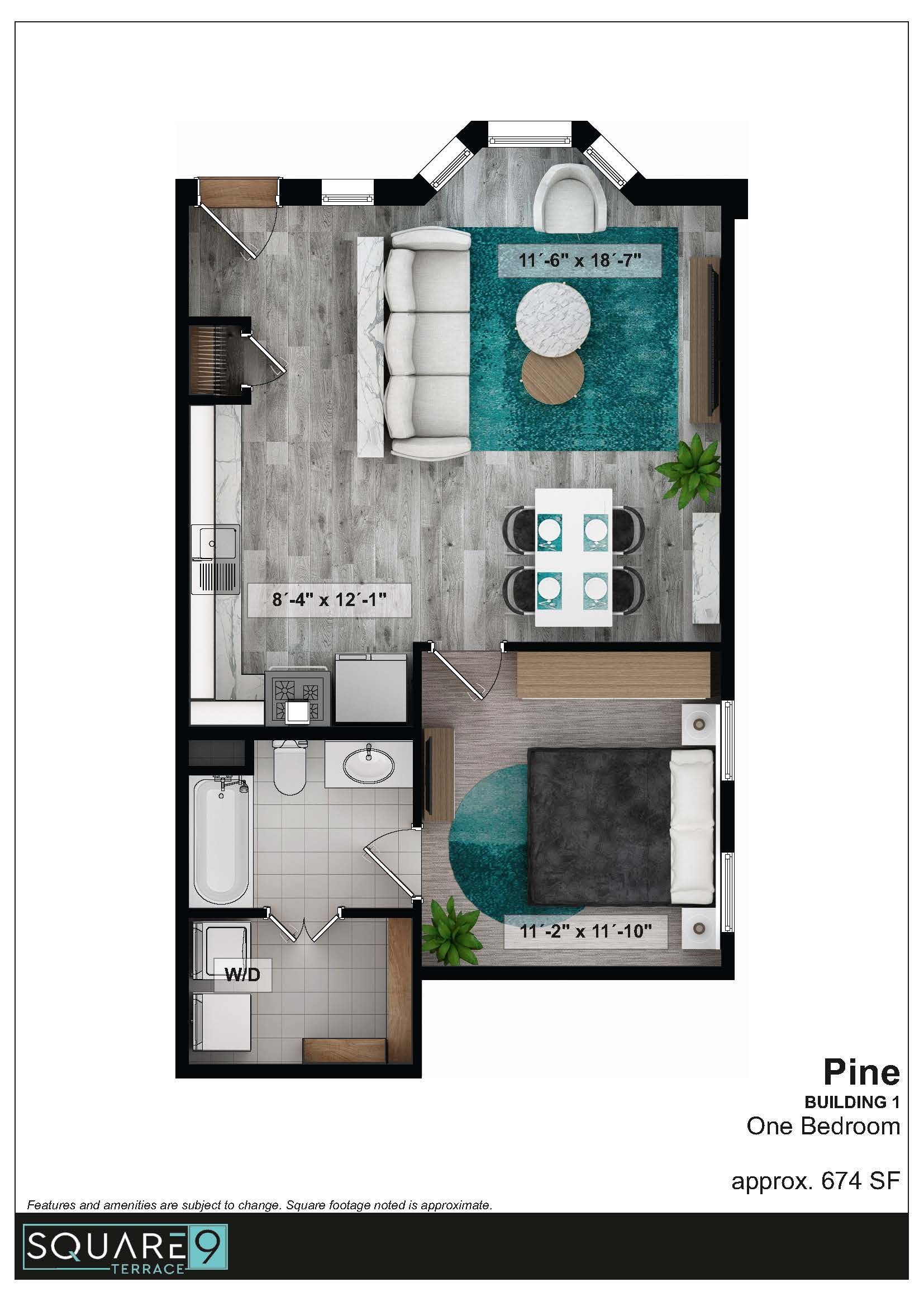 Floor plan of a one-bedroom apartment with a living room, dining area, kitchen, and bathroom.