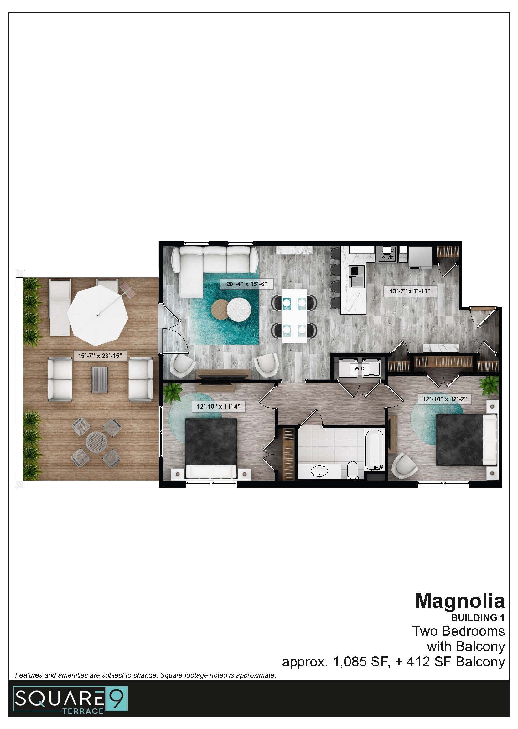 Floor plan of a two-bedroom apartment with a balcony and furnished living/dining area and bedrooms.