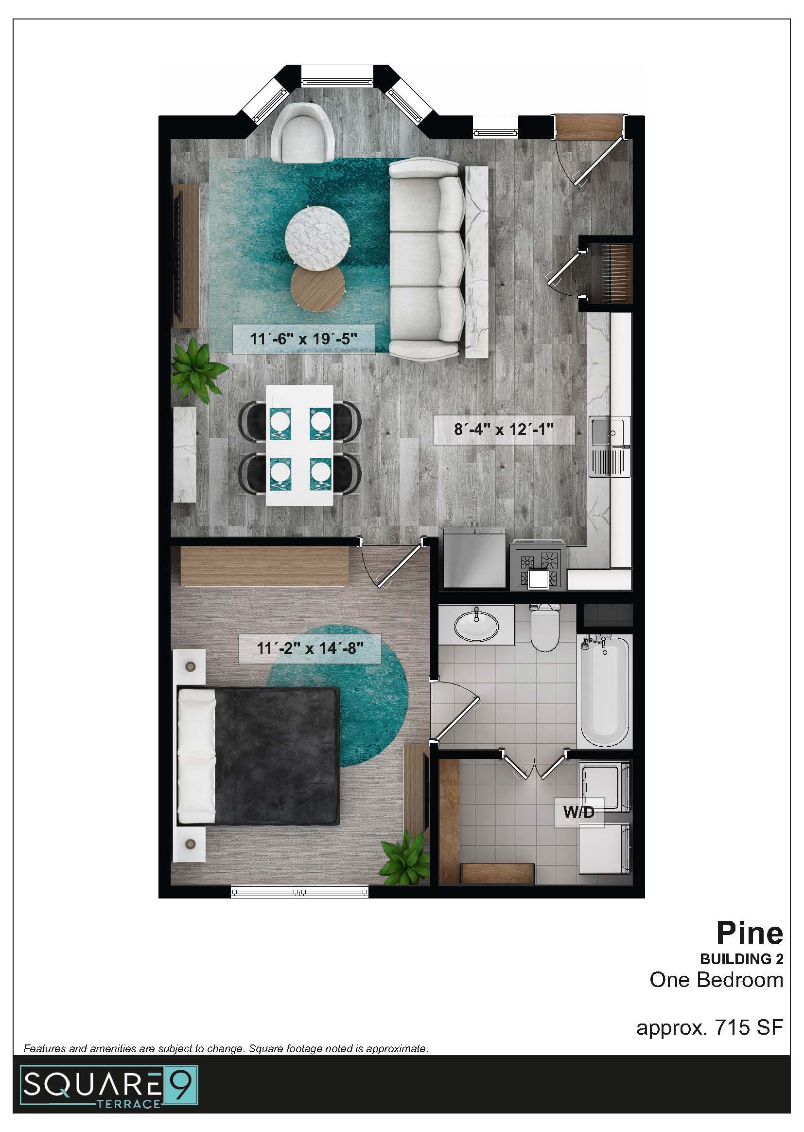 Floor plan of an apartment with bedroom, bathroom, kitchen, living, and dining areas.