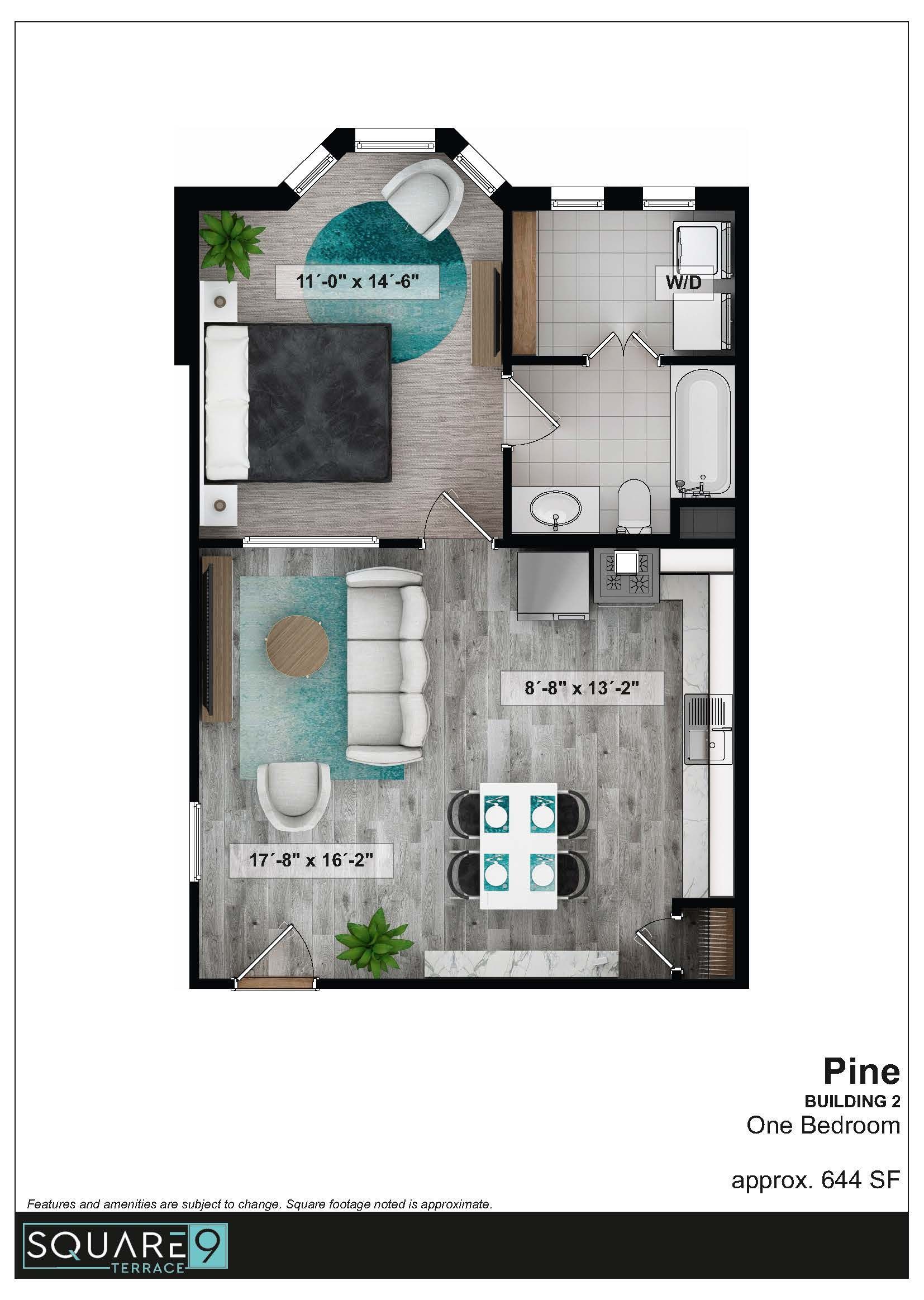 Floor plan of a one-bedroom apartment with furniture layout, featuring a bedroom, living room, and dining area.