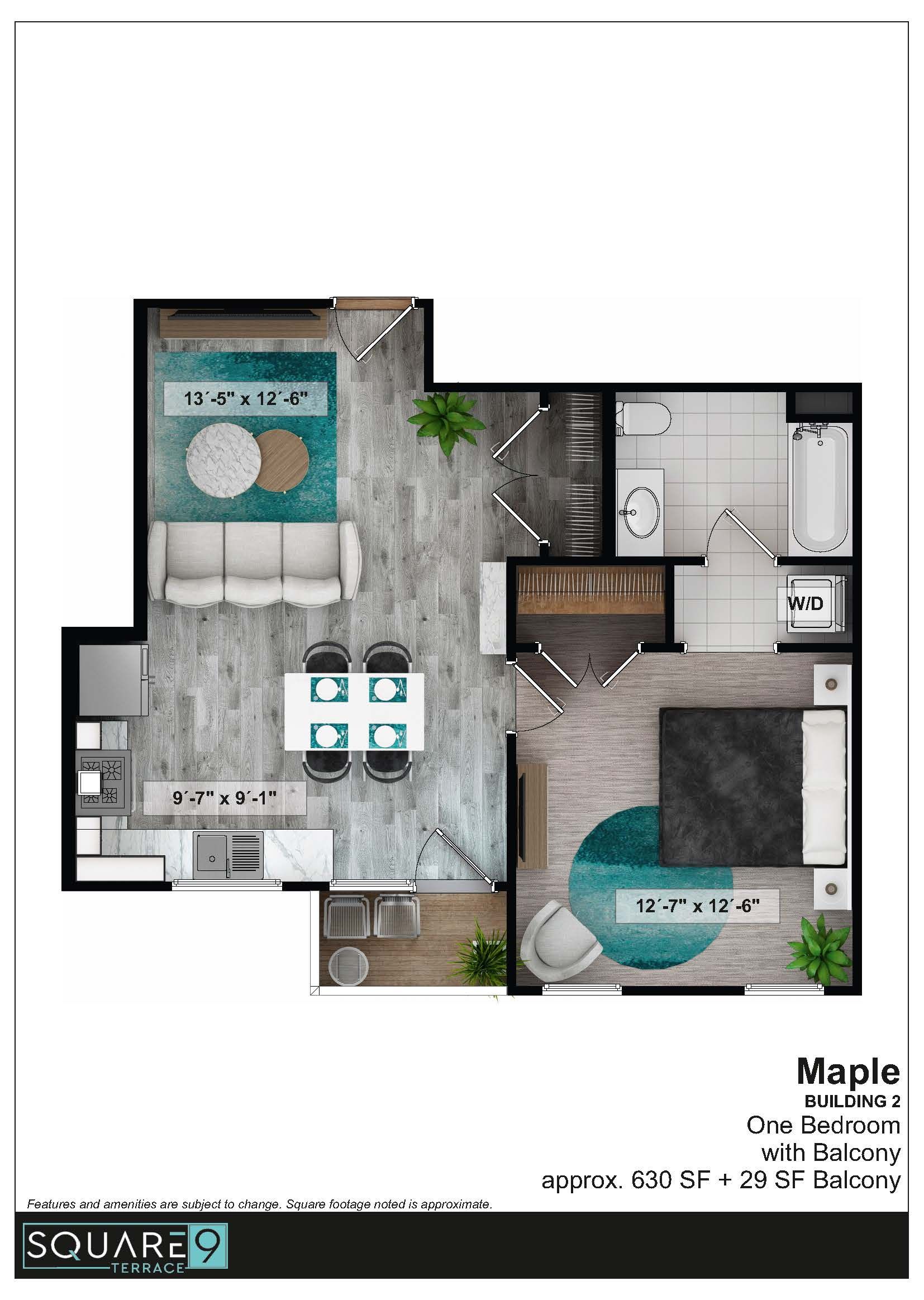 Floor plan of an apartment with a living room, dining area, kitchen, bedroom, and bathroom.
