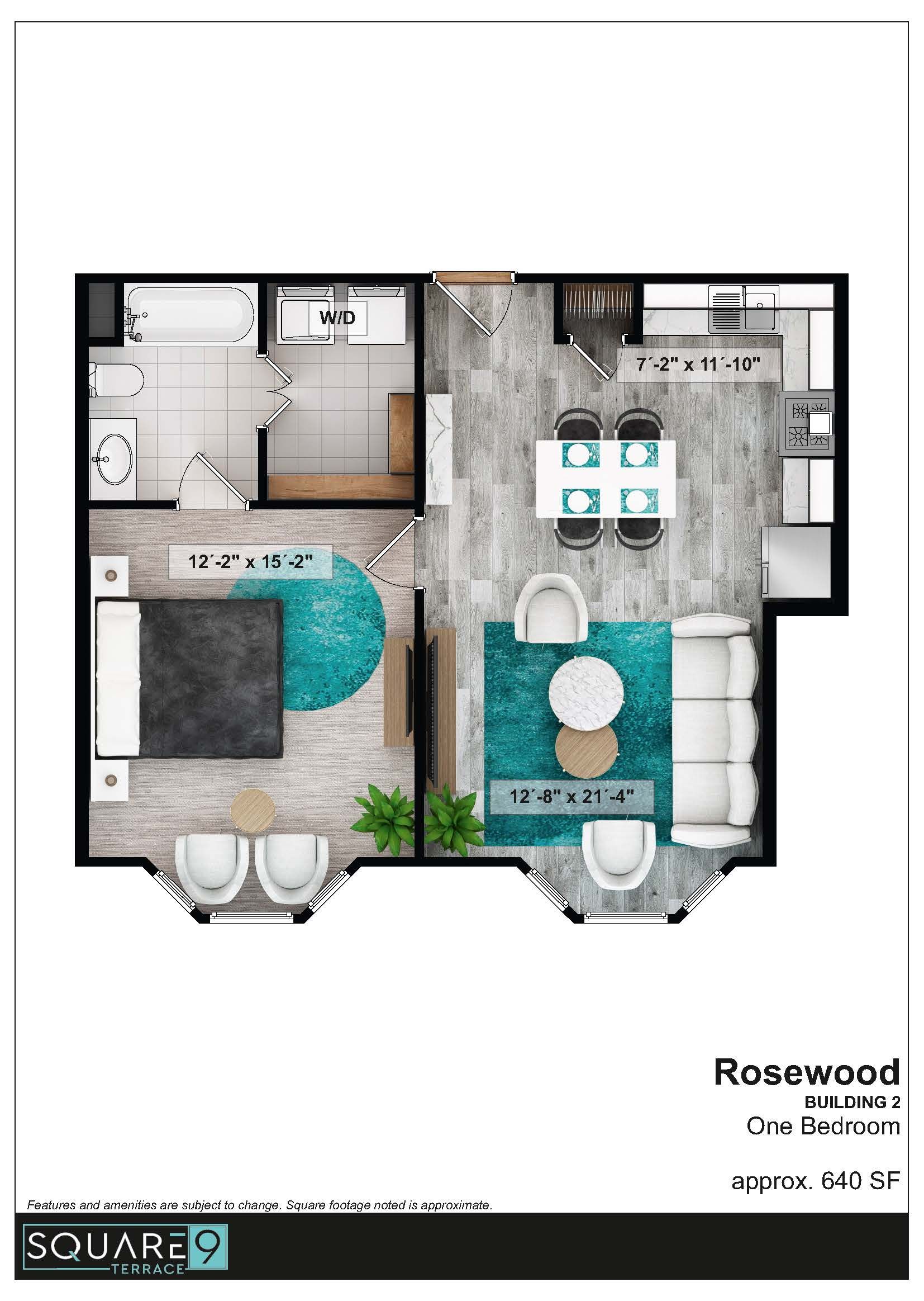 Floor plan of a Rosewood apartment, showing layout of kitchen, dining, living, bedroom, and bathroom.