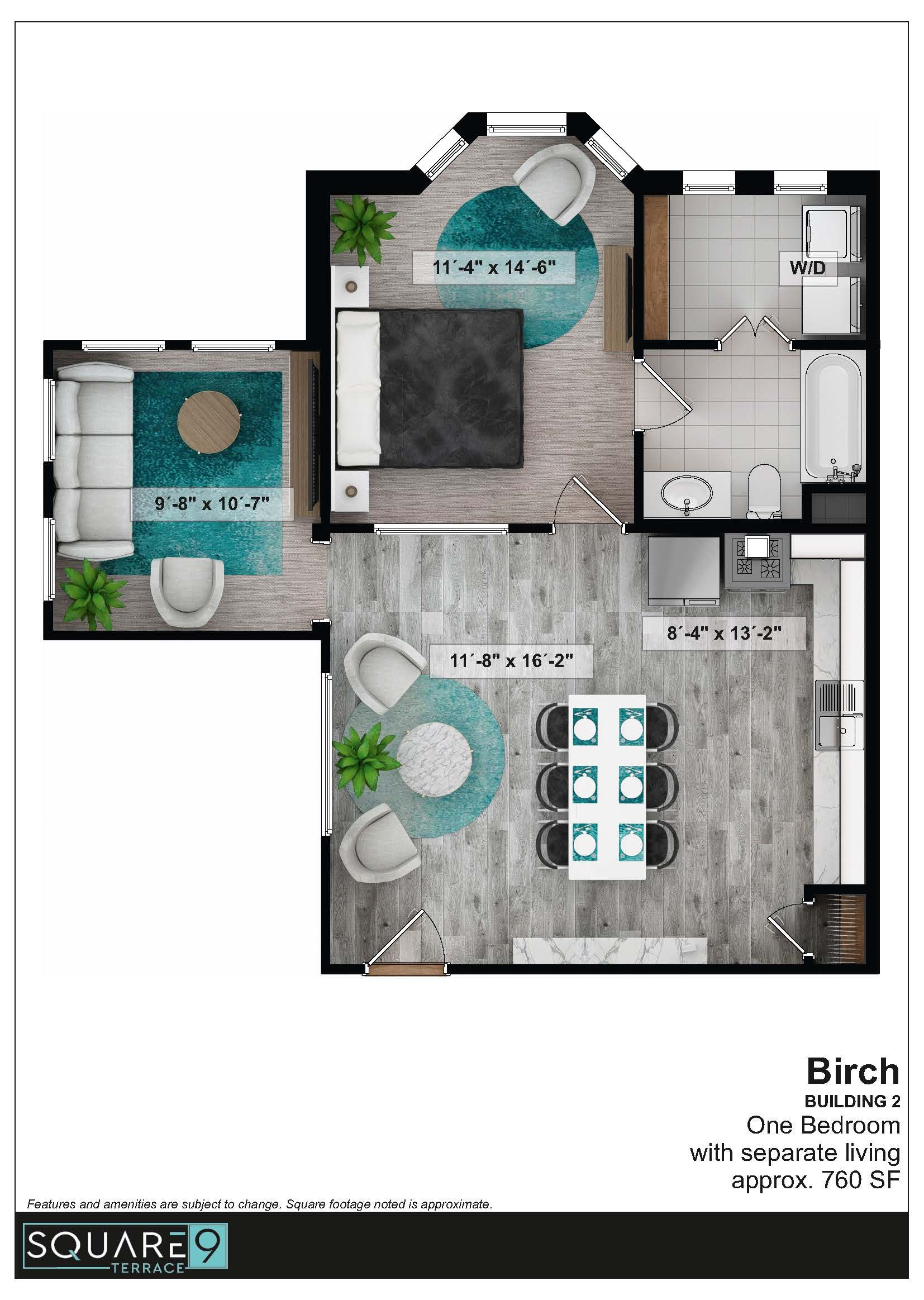 Floor plan rendering of a modern apartment with furniture layout, teal and gray color scheme.