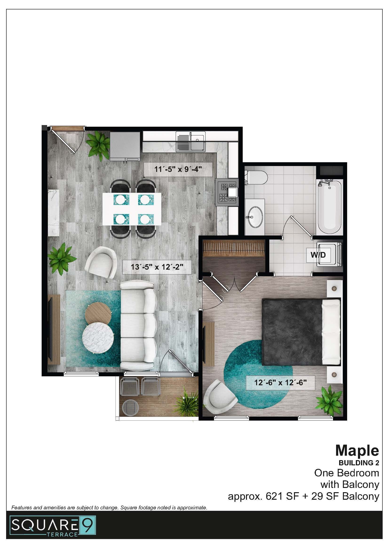 Floor plan of a one-bedroom apartment with a living room, dining area, kitchen, bedroom, and balcony.
