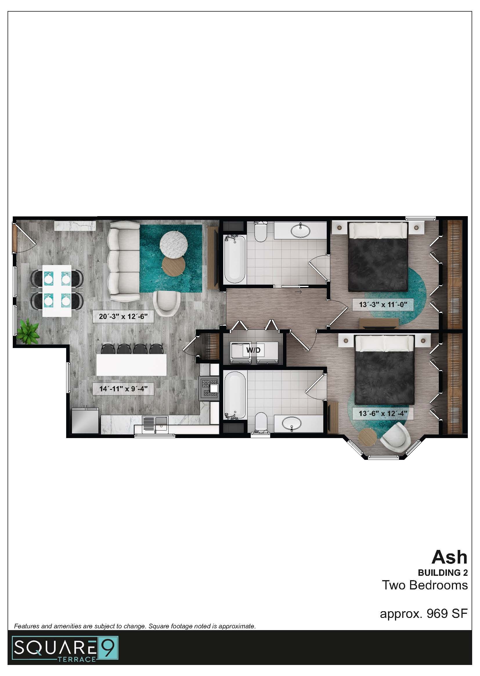 Floor plan of a two-bedroom apartment. Ash model, featuring a living room, dining area, kitchen, and two bedrooms.