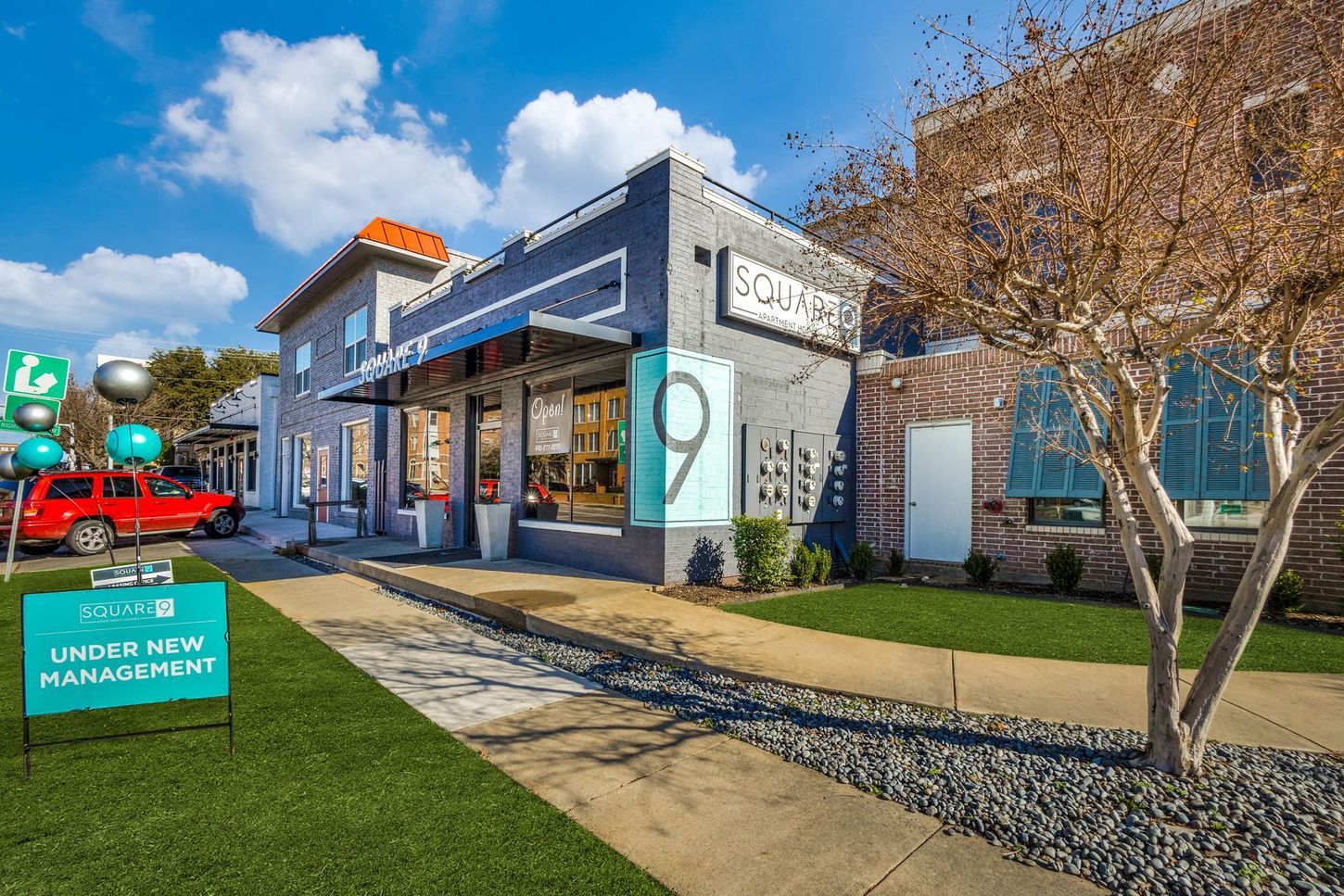 Gray commercial building with 