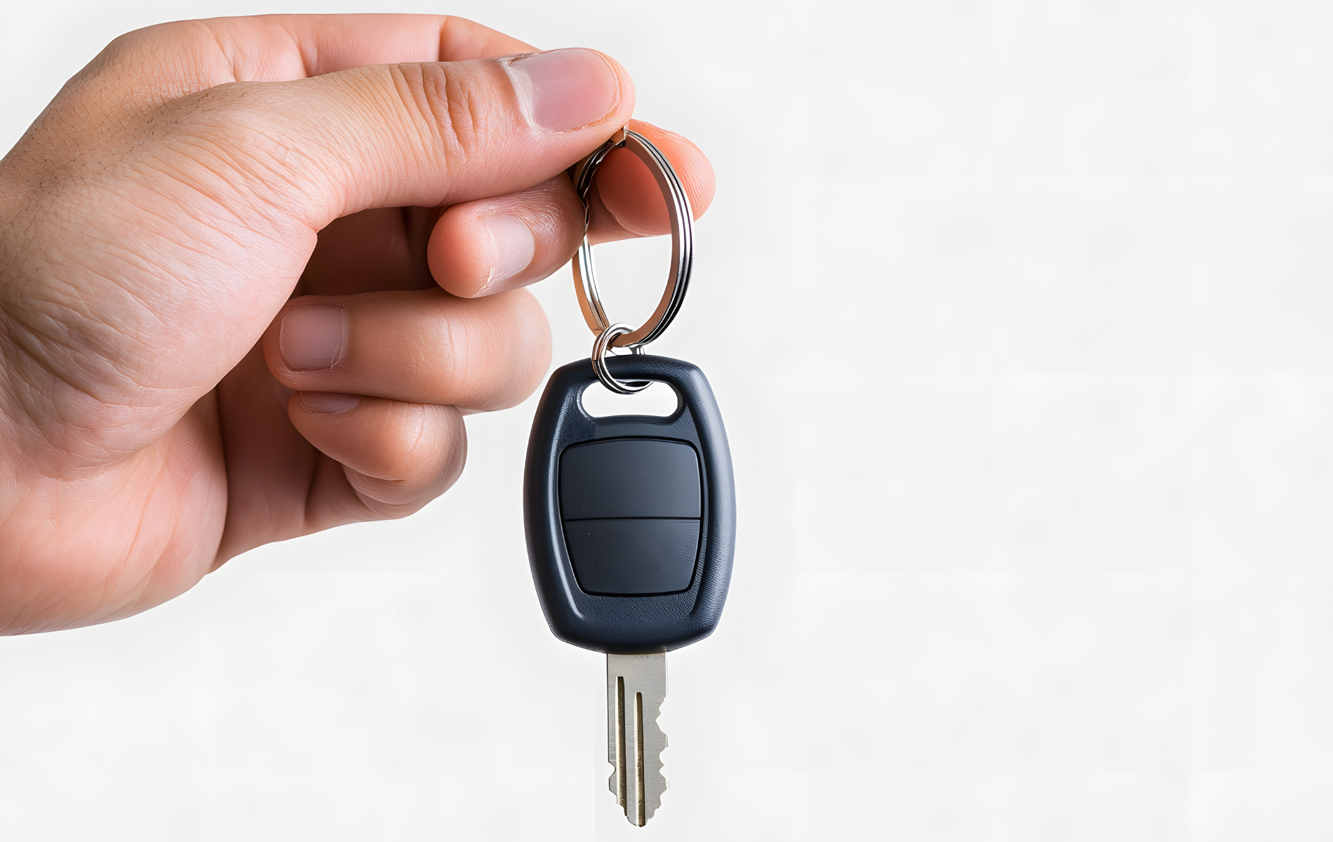 Hand holding a car key with a remote on a silver ring against a white background.