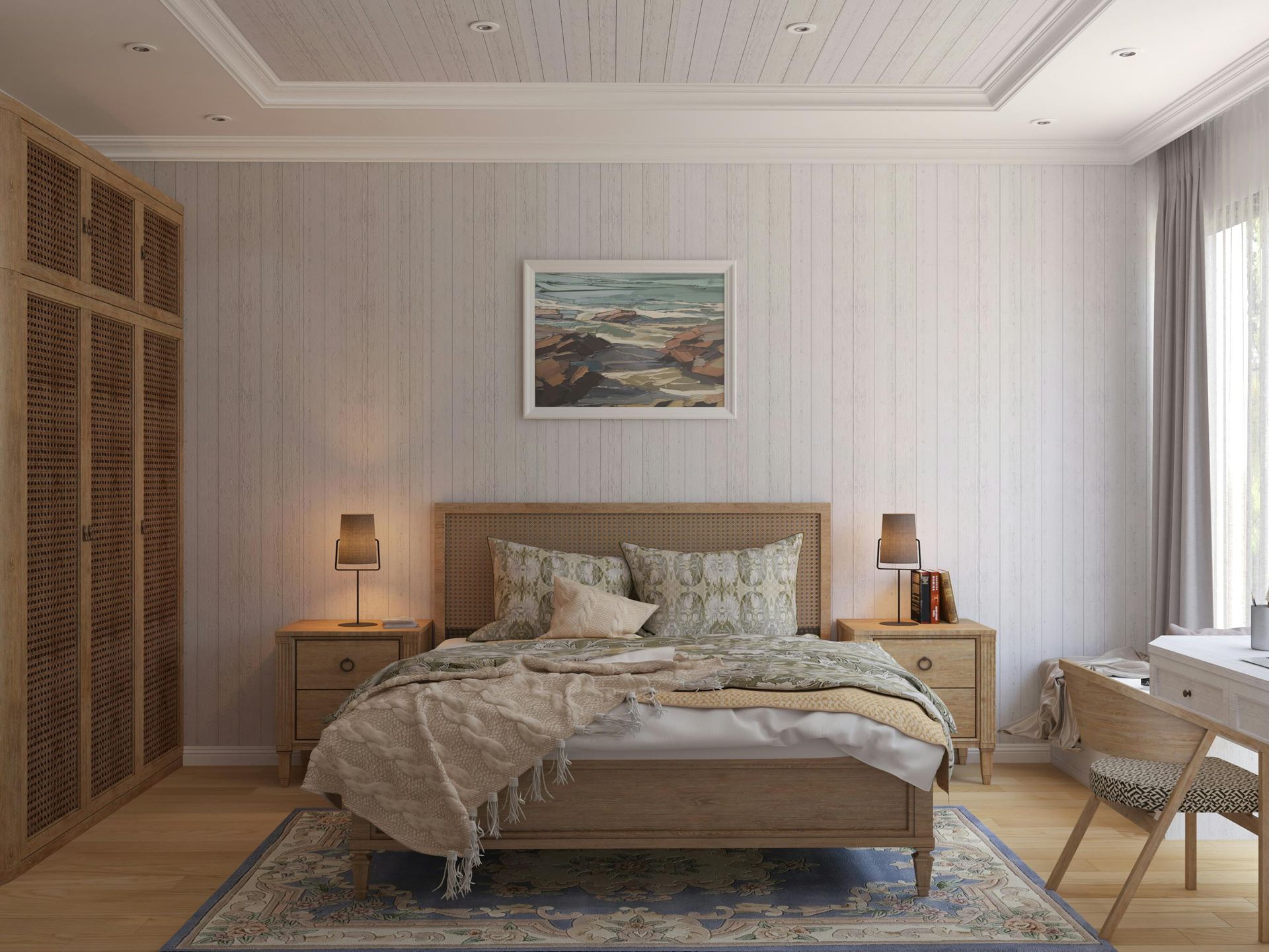 Bright bedroom with a wooden bed, bedside lamps, woven chair, rug, and framed landscape art