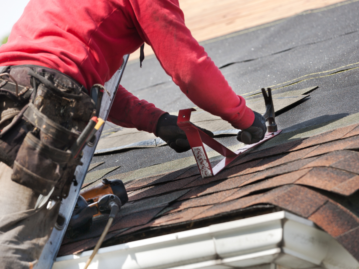 Roofer in red shirt on ladder repairs a shingled roof with hammer and tools. Roofer in red shirt on ladder repairs a shingled roof with hammer and tools.