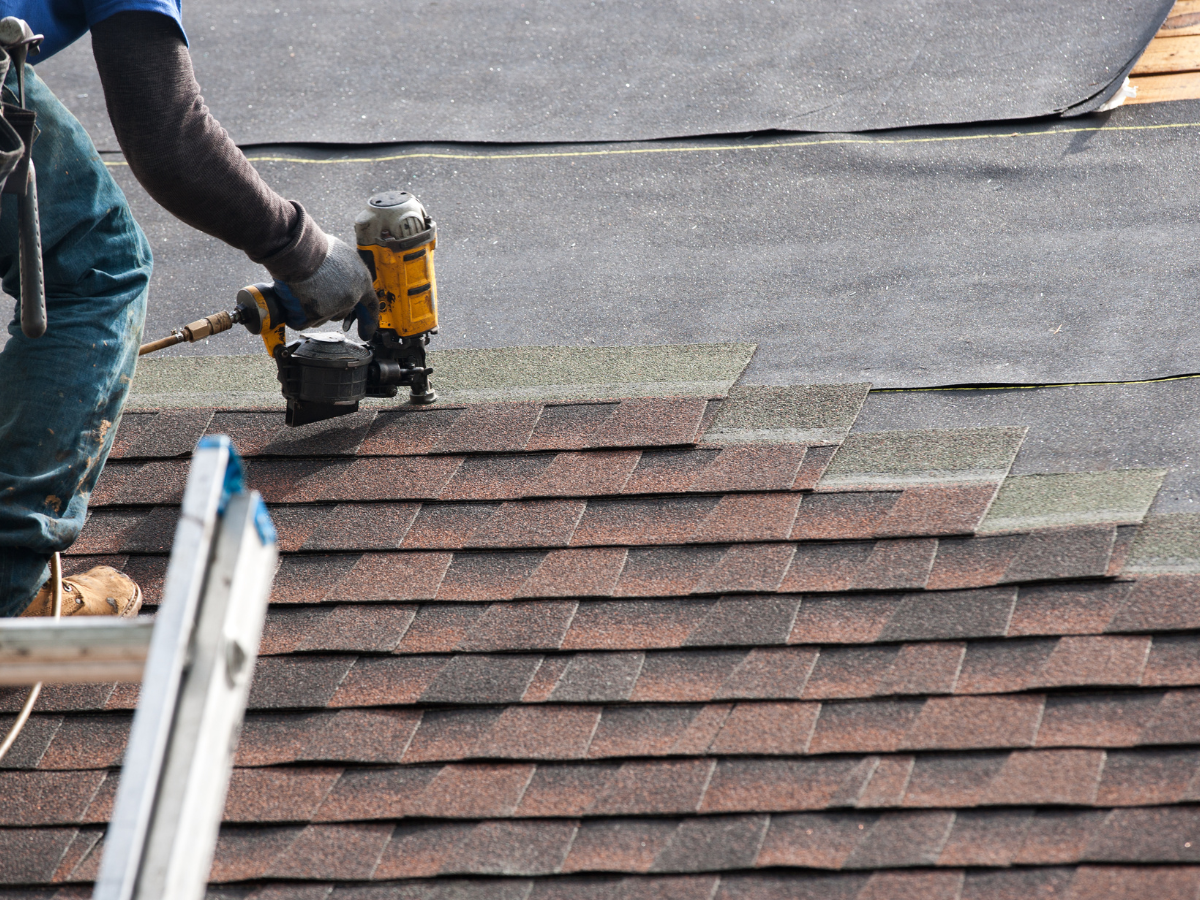 Roofer using a nail gun to install new asphalt shingles on a sloped roof.