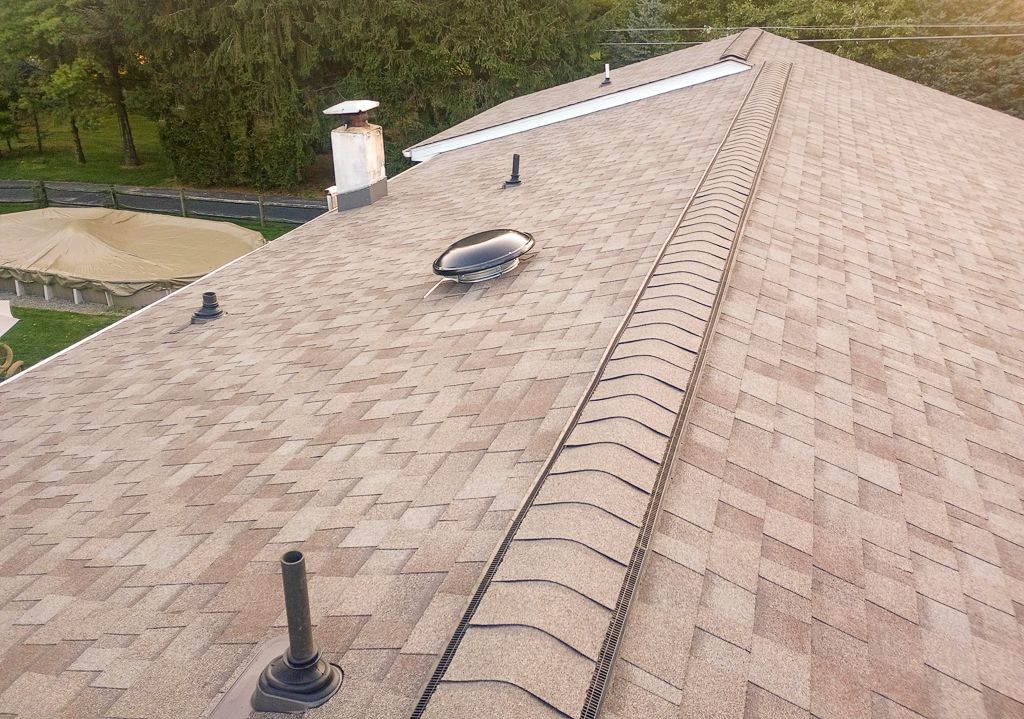 A roof with a chimney and a ladder on it.
