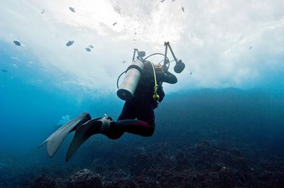 Un subacqueo sta nuotando nell'oceano vicino a una barriera corallina.