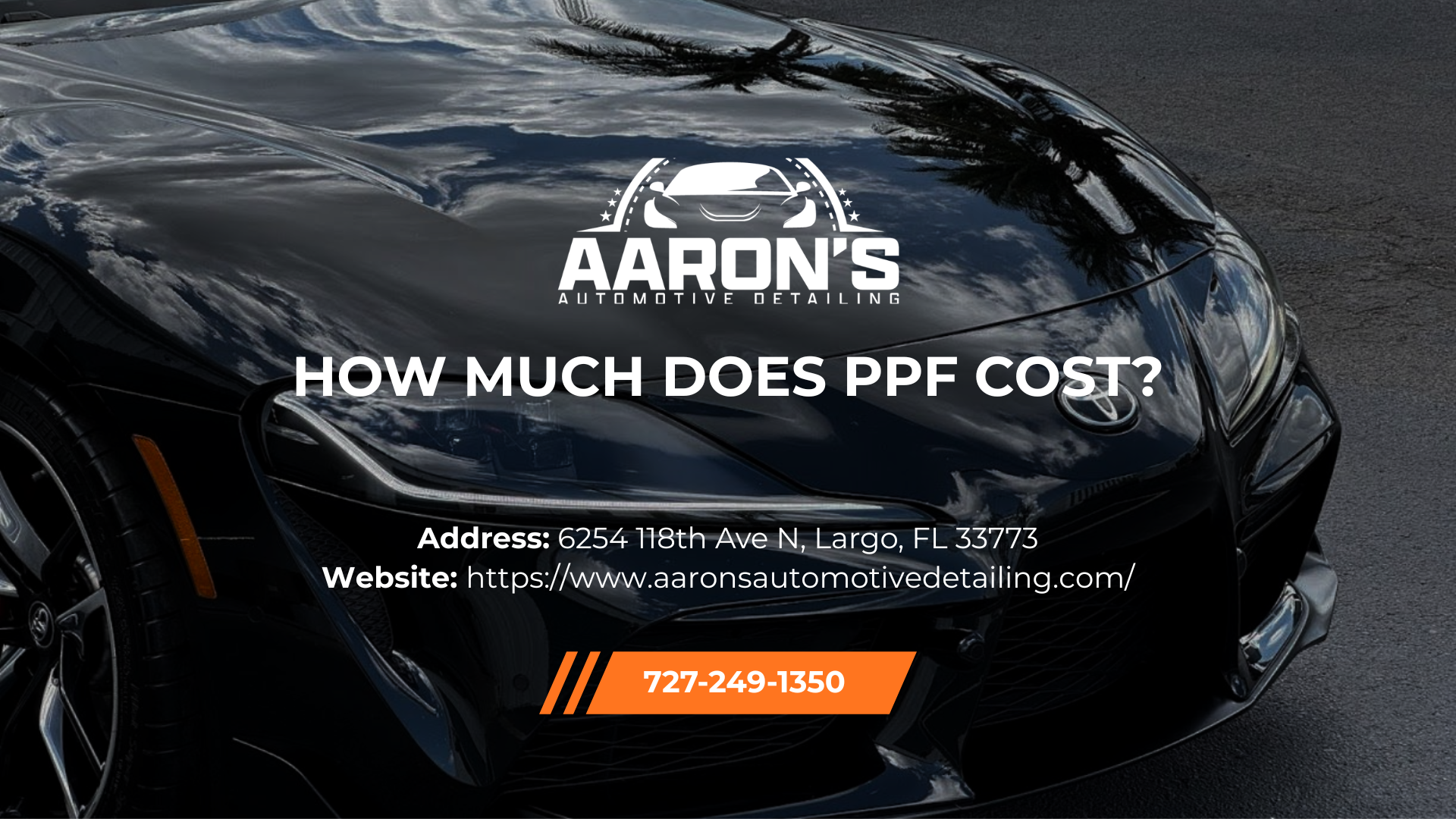 Aaron's Automotive shop with a car covered in a black tarp. Text states: 