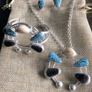 A necklace , bracelet , and earring set with turquoise stones