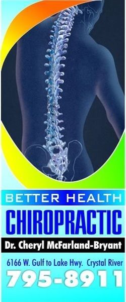 Chiropractic advertisement with a spine illustration, contact information, and name of Dr. Cheryl McFarland-Bryant.