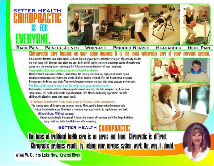 Chiropractic advertisement: people receiving treatments; text promoting chiropractic care for back pain, etc.