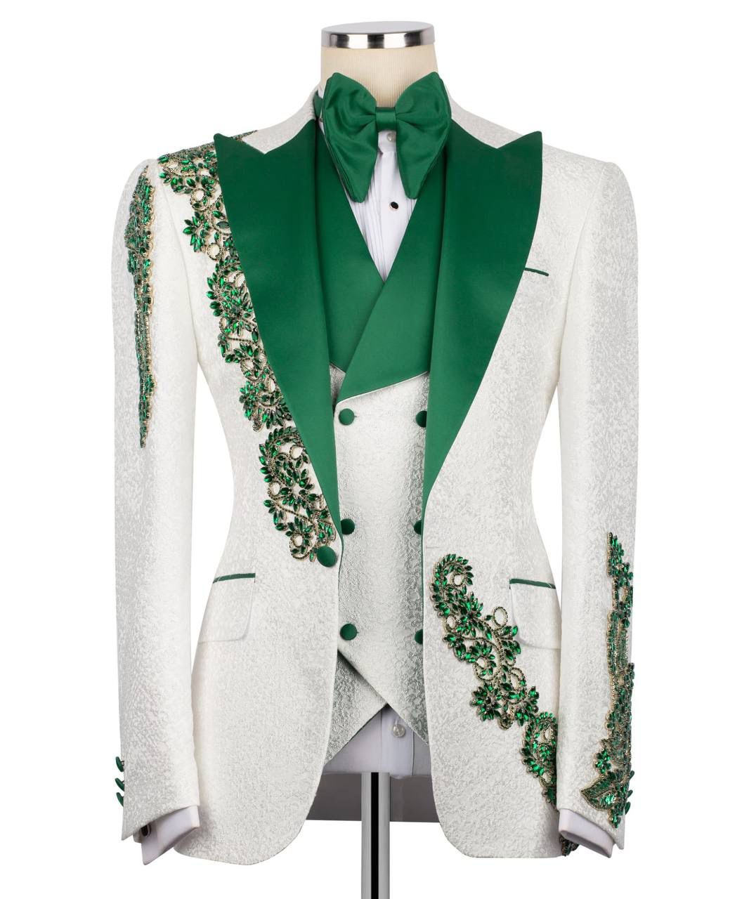 ORIGINAL MILANO –3Pcs White & Emerald Green Couture Embroidered Tuxedo
