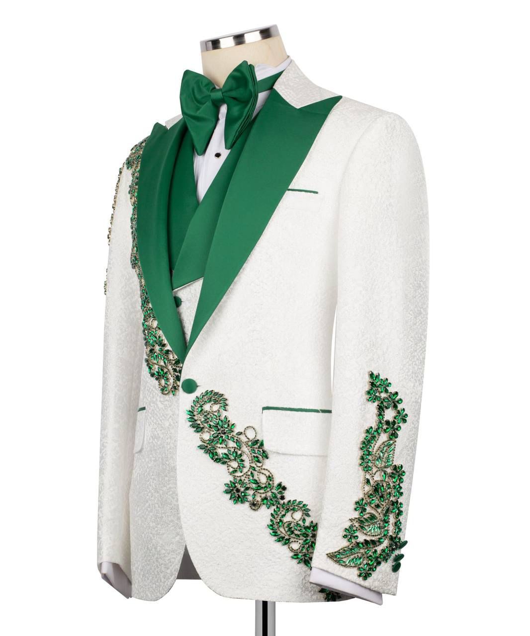 ORIGINAL MILANO –3Pcs White & Emerald Green Couture Embroidered Tuxedo