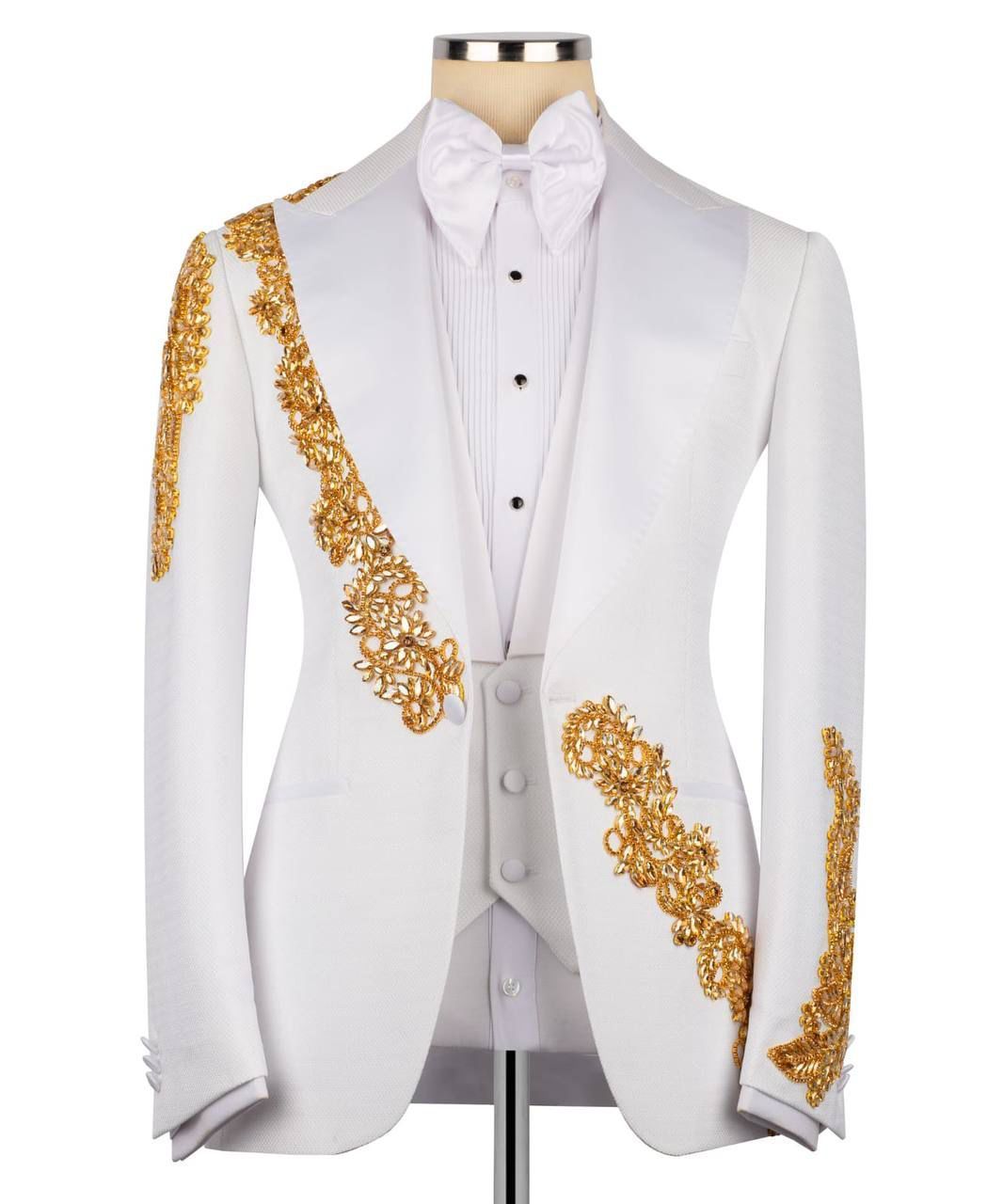 ORIGINAL MILANO –3Pcs White & Gold Royal Embroidered Tuxedo Jacket