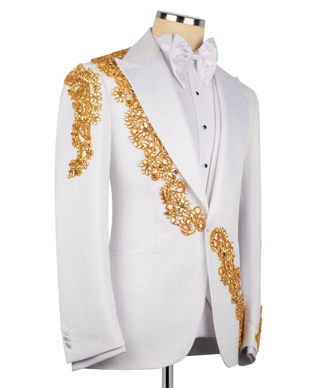 ORIGINAL MILANO –3Pcs White & Gold Royal Embroidered Tuxedo Jacket