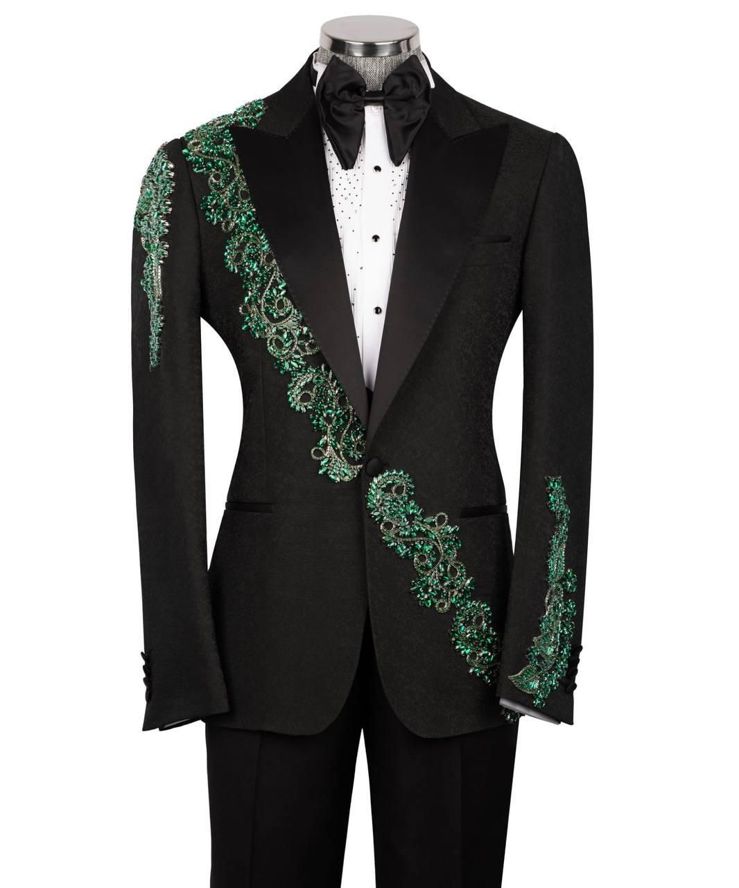 ORIGINAL MILANO – Black & Emerald Green Embroidered Couture Tuxedo