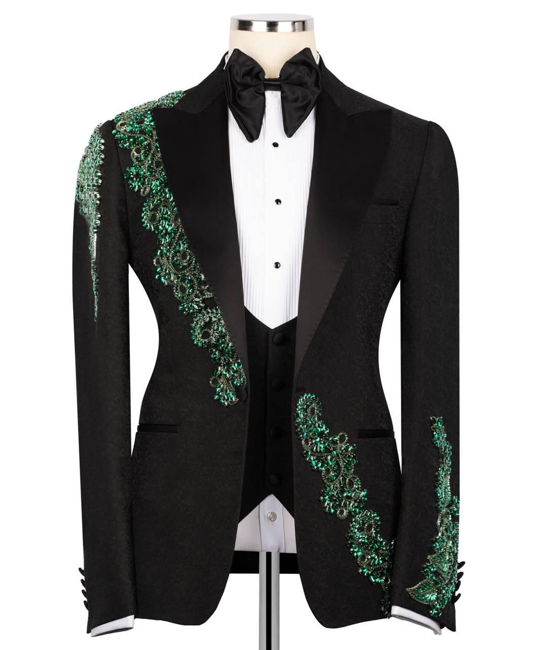 ORIGINAL MILANO – Black & Emerald Green Embroidered Couture Tuxedo