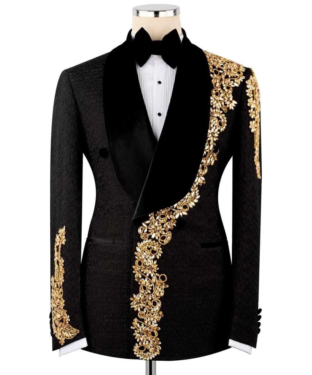 ORIGINAL MILANO –2Pcs Black & Gold Royal Embroidered Tuxedo Jacket