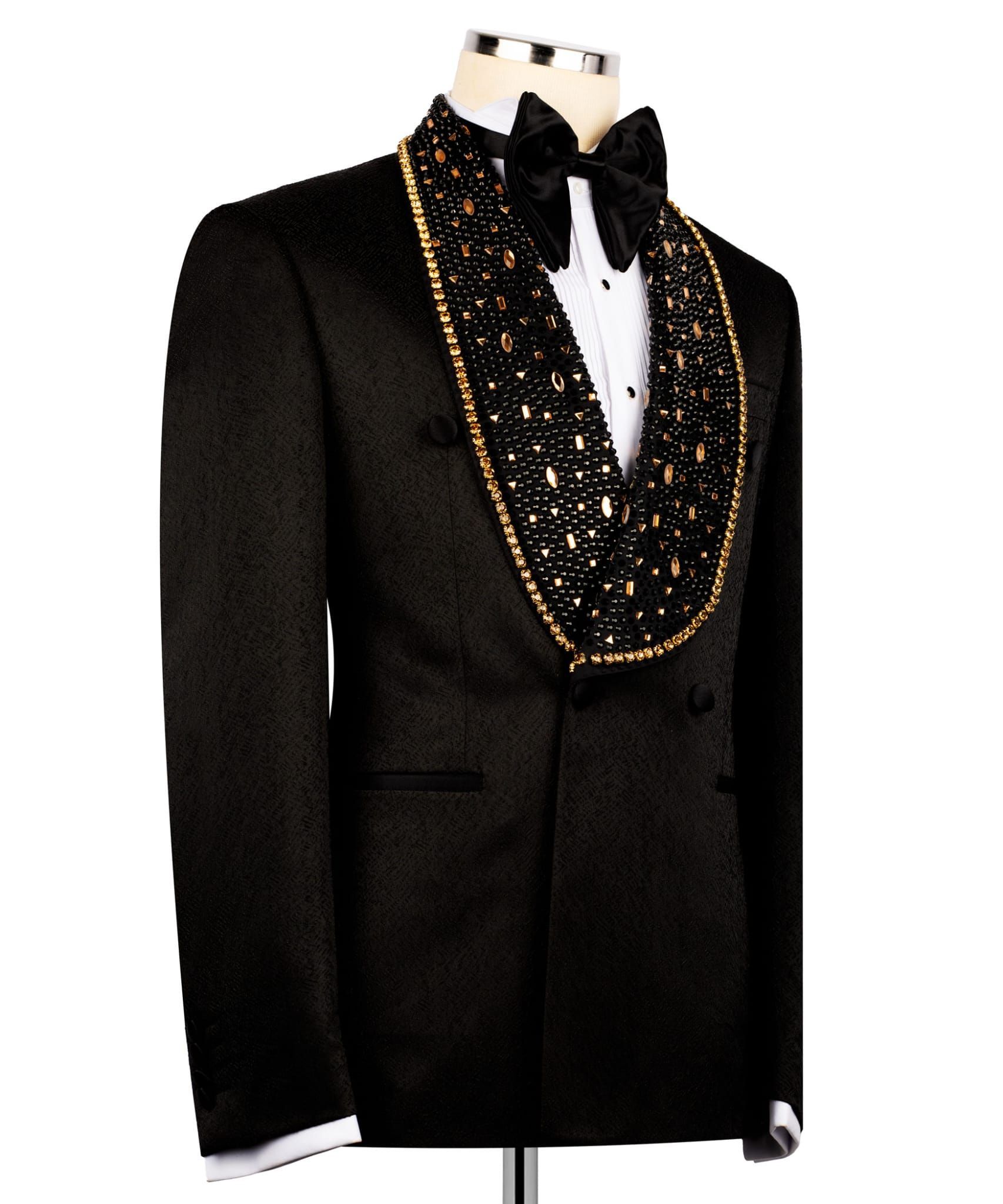 ORIGINAL MILANO –2Pcs Black & Gold Crystal Couture Tuxedo Jacket with Embellished Belt