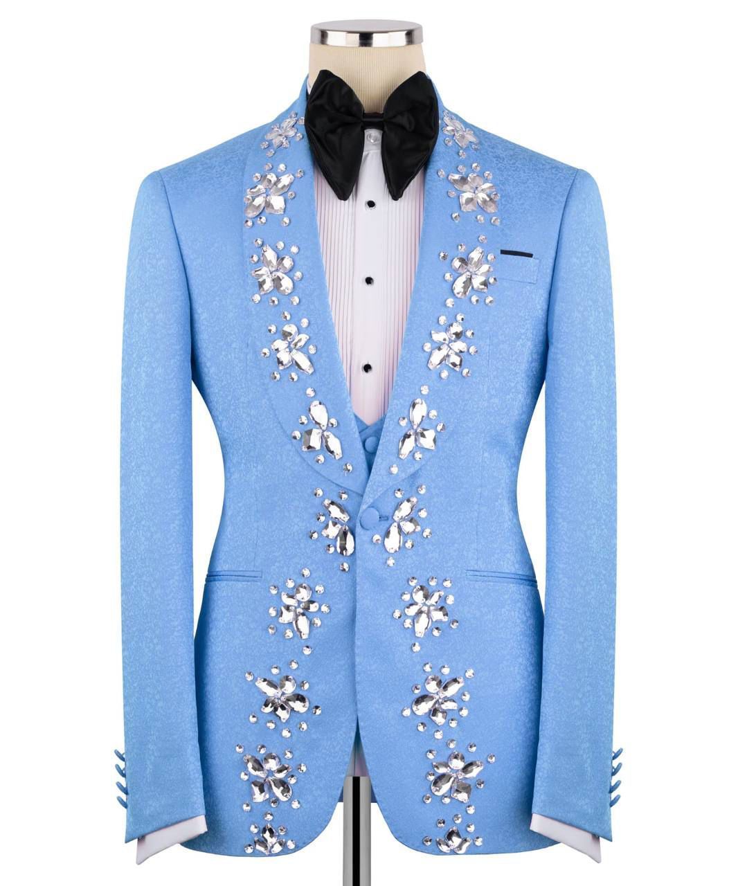 ORIGINAL MILANO –3Pcs Sky Blue Crystal Embellished Tuxedo Jacket