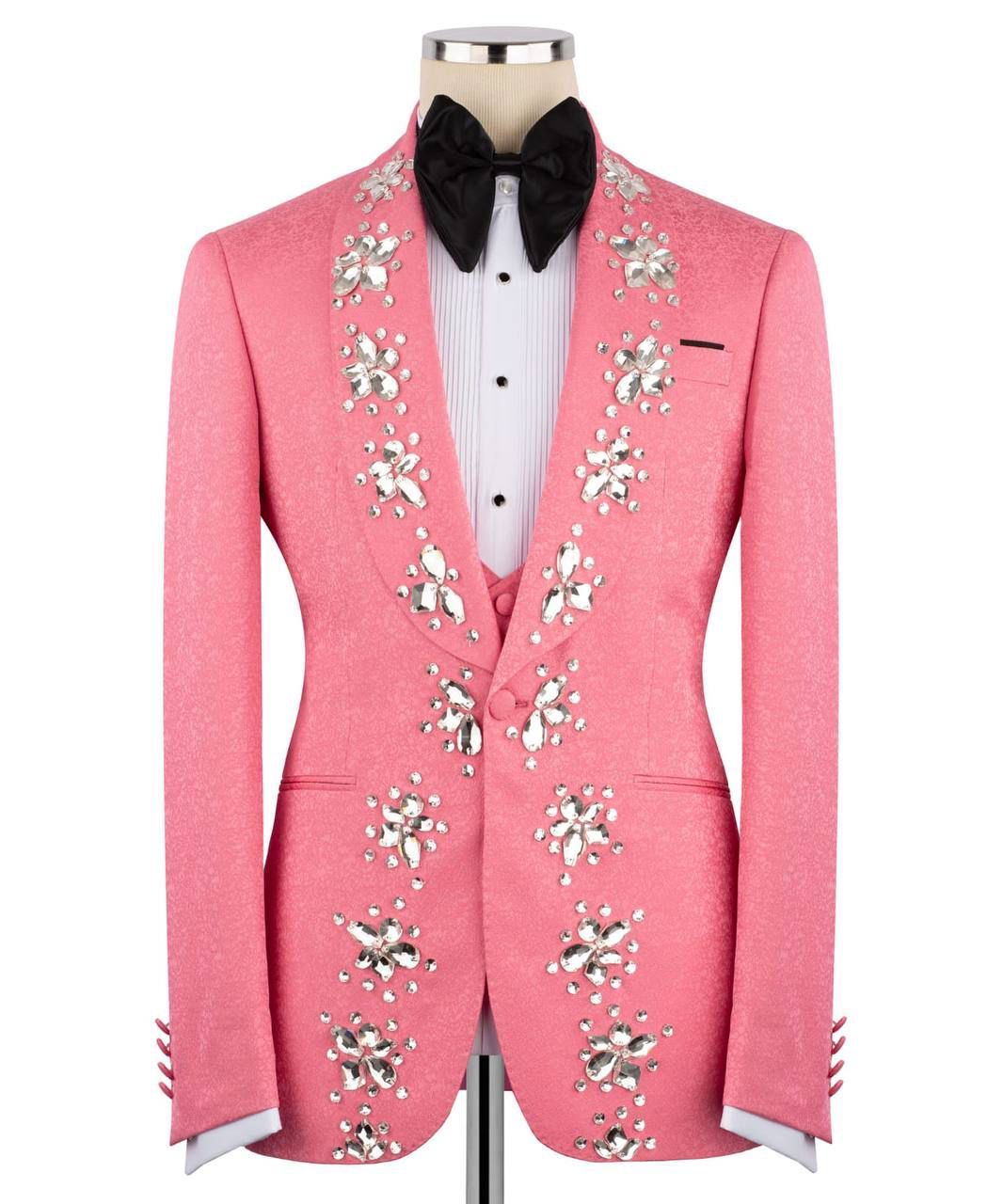 ORIGINAL MILANO –3Pcs Pink Crystal Embellished Statement Tuxedo Jacket