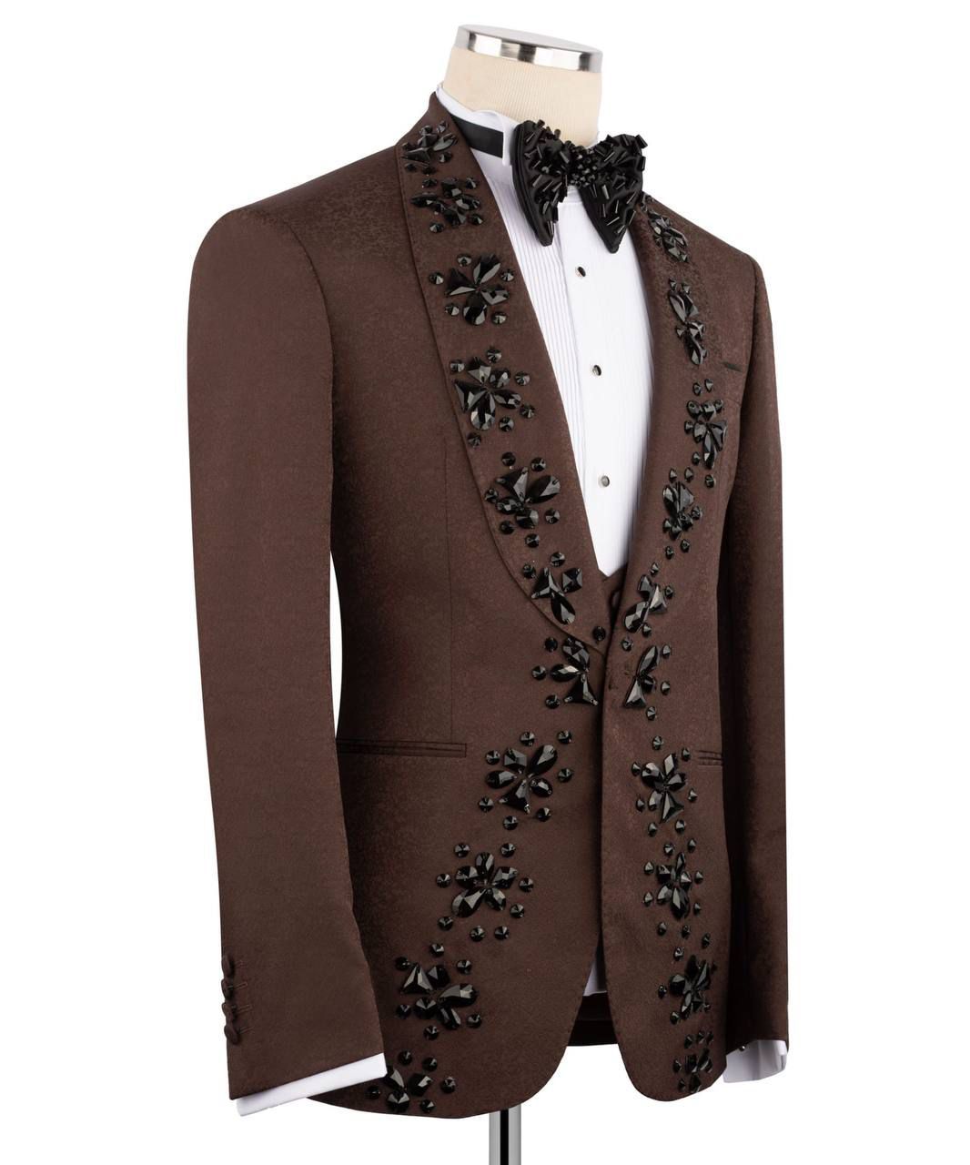 ORIGINAL MILANO –3Pcs Chocolate Brown Crystal Embellished Tuxedo Jacket