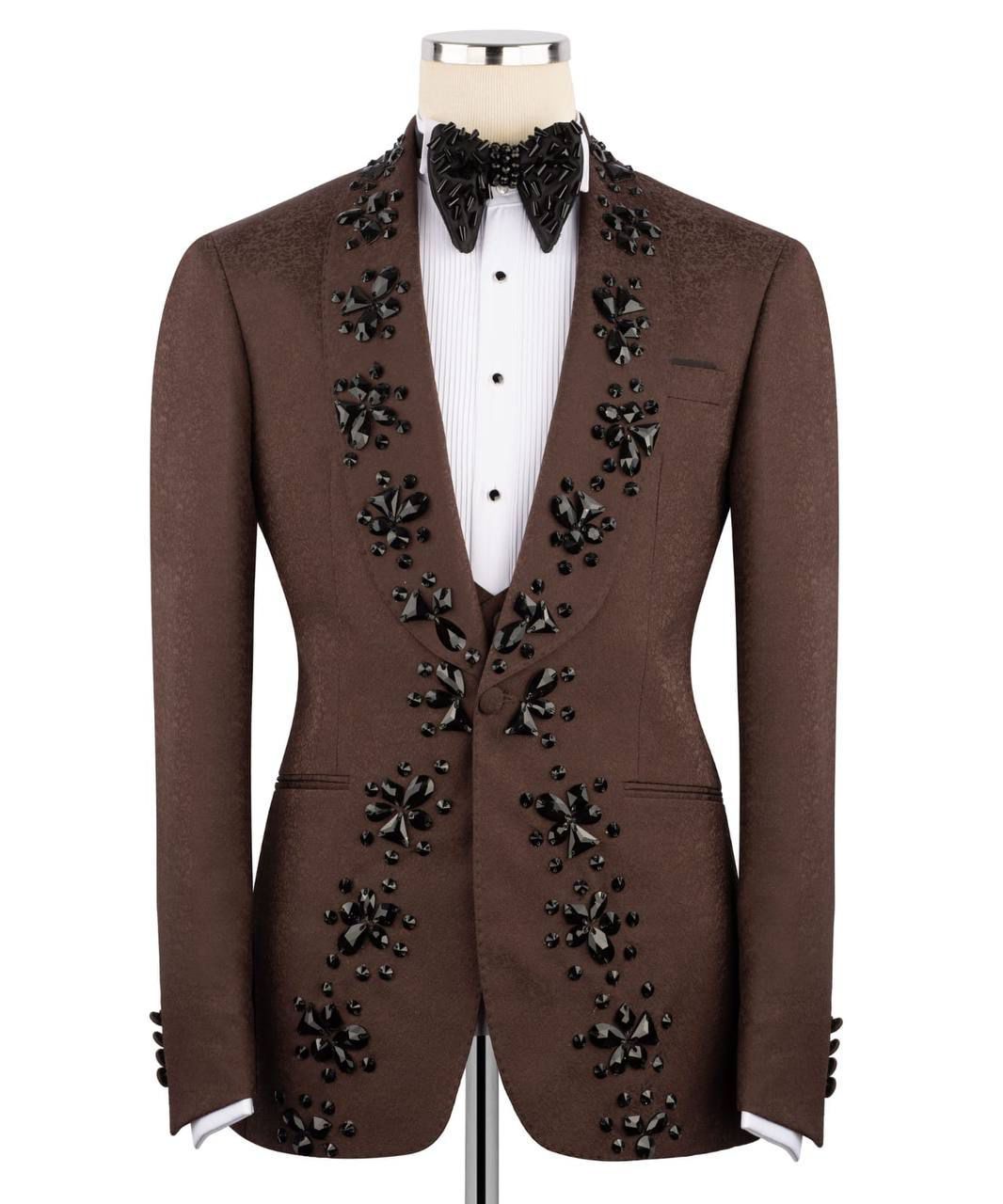 ORIGINAL MILANO –3Pcs Chocolate Brown Crystal Embellished Tuxedo Jacket