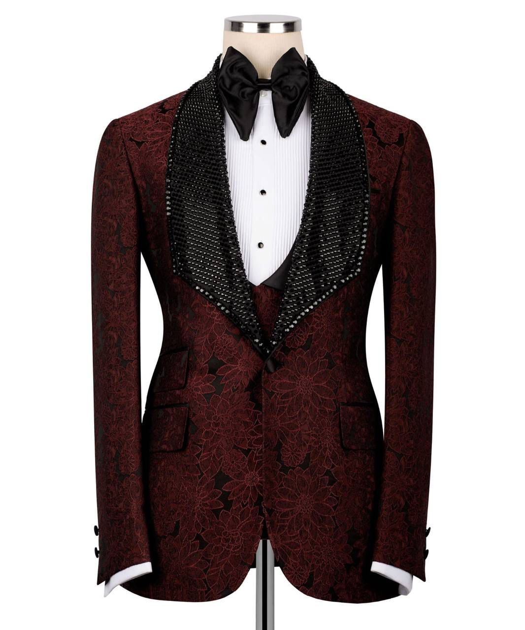 ORIGINAL MILANO –3Pcs Burgundy Floral Jacquard Tuxedo Jacket